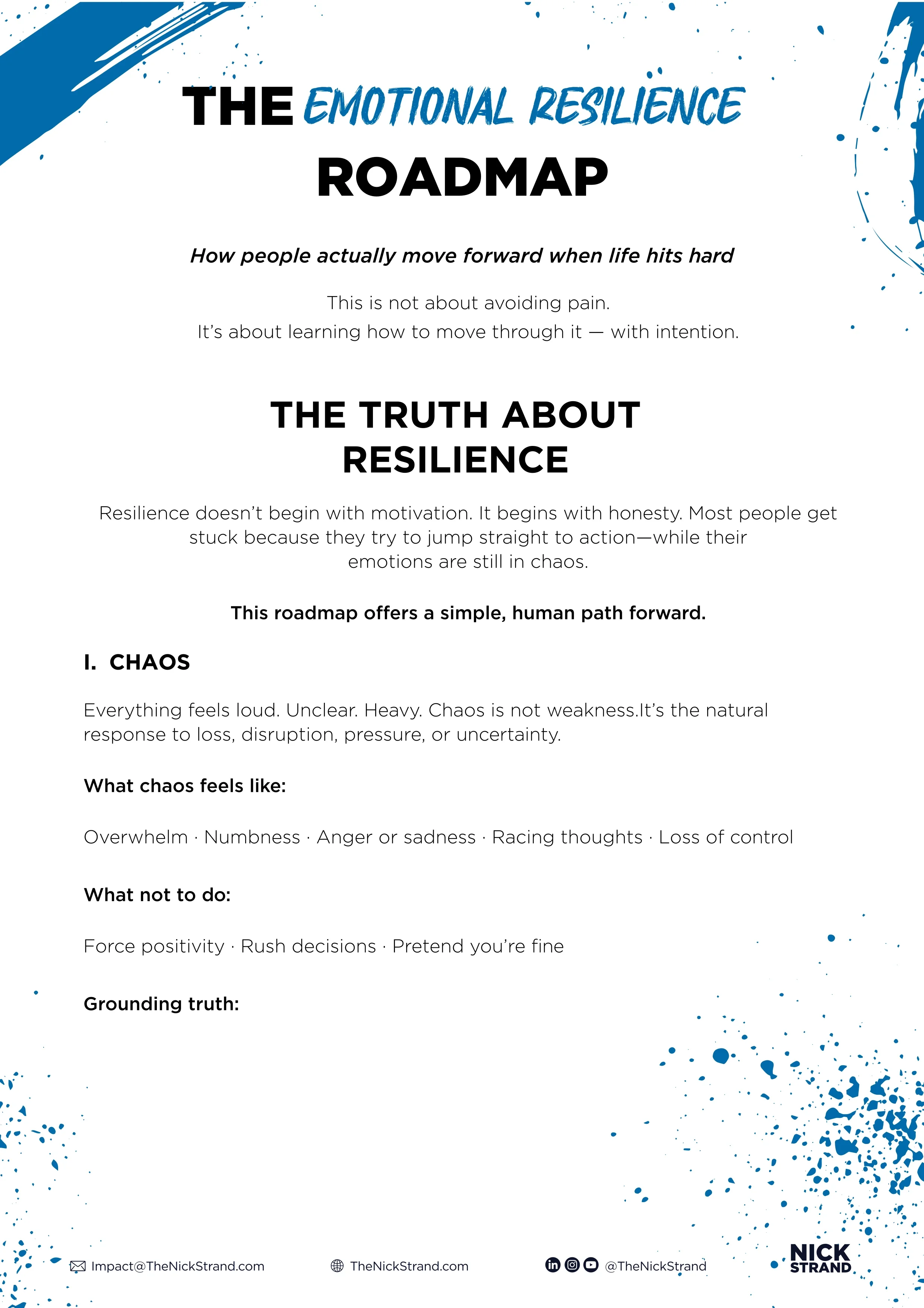 A digital document titled 'The Emotional Resilience Roadmap' with sections explaining how to move forward during hard times, emphasizing honesty over pain, and describing chaos as a natural response to loss and disruption, including tips on what to do and what not to do.