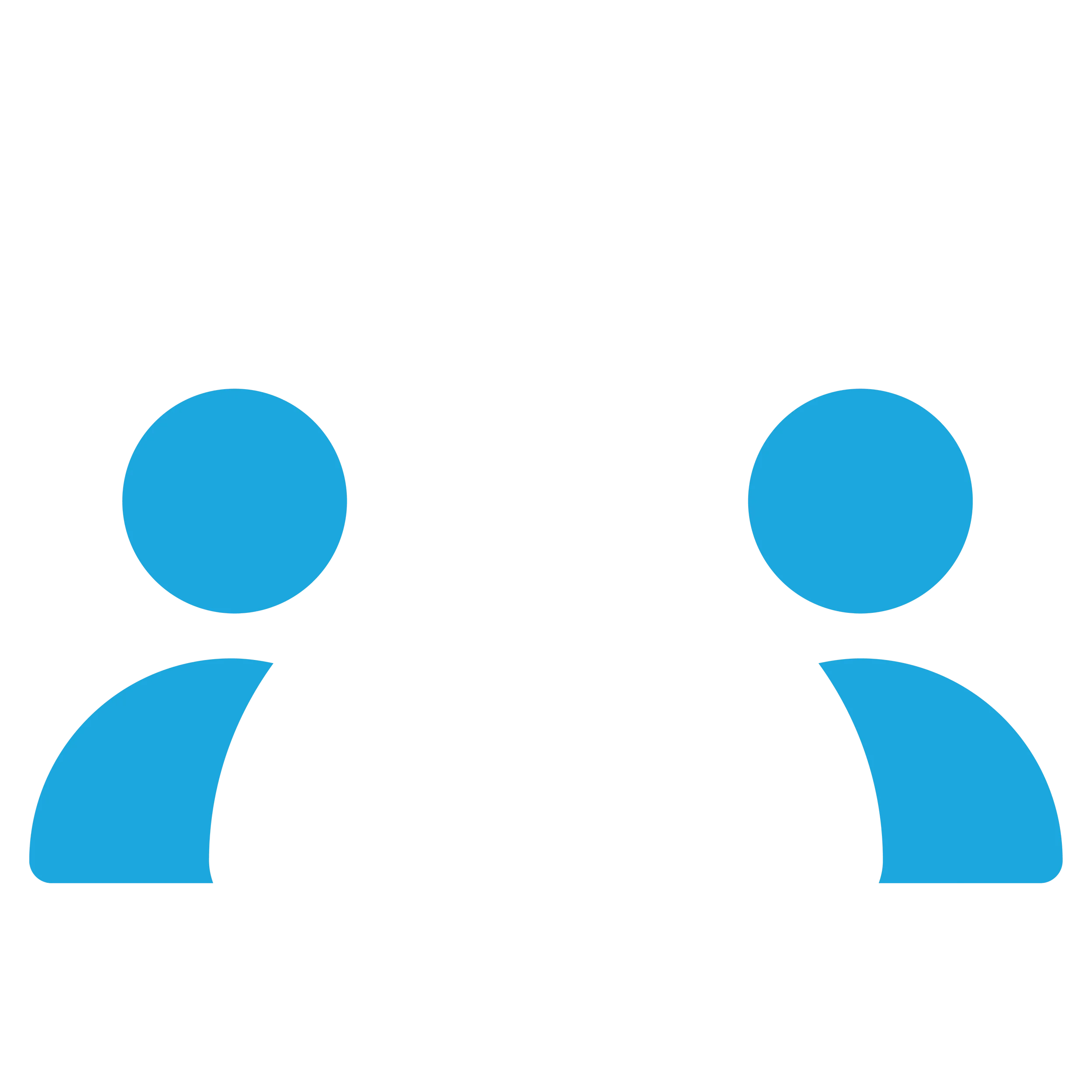 Diagram showing two human figures with head, torso, and arm outlines in blue, facing each other, connected by lines representing communication or connection.