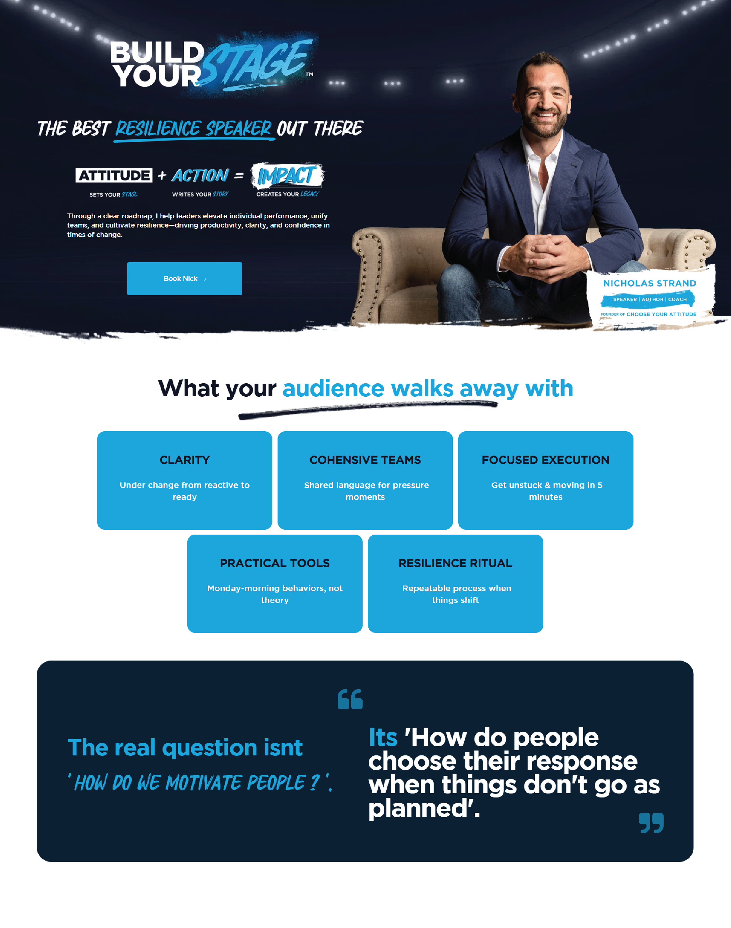 A promotional webpage for Build Your Stage featuring Nicholas Strand, a speaker and coach, dressed in a blue blazer and white shirt, sitting on a beige armchair against a dark background with stage lights. The webpage highlights the importance of resilience speakers, with sections on audience benefits, practical tools, and motivational quotes.