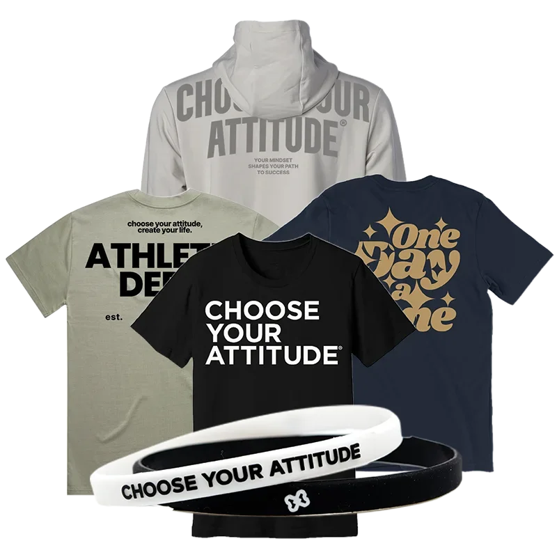 A collection of four athletic-themed T-shirts with motivational messages and three rubber wristbands with the phrase "Choose Your Attitude."