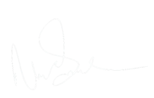 A white signature on a black background.