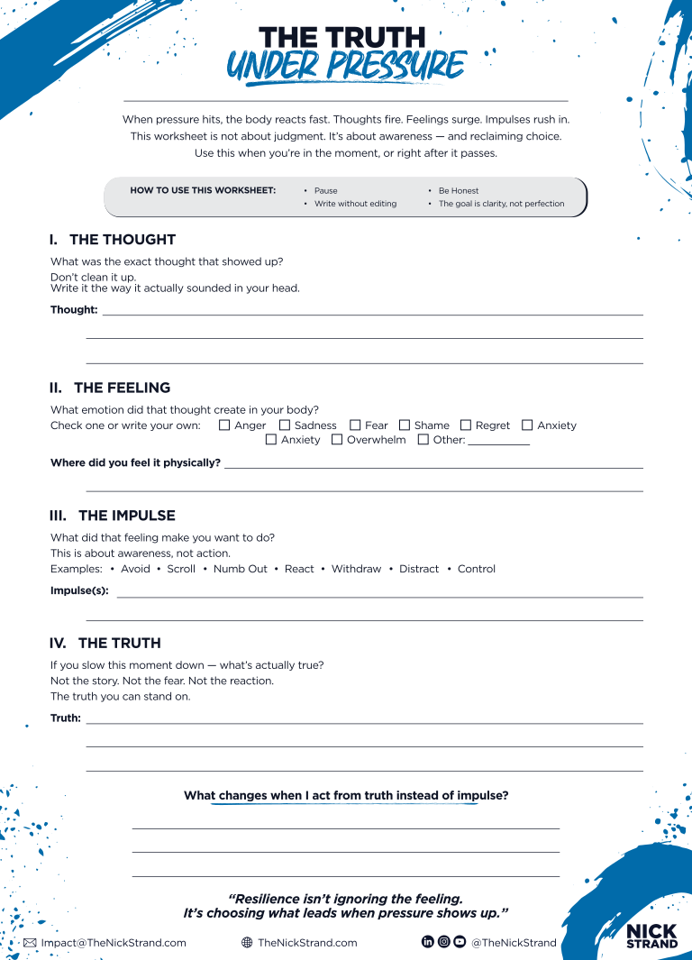 A worksheet titled 'The Truth Under Pressure' with sections for thought, feeling, impulse, and truth, and instructions for mindfulness and self-awareness.