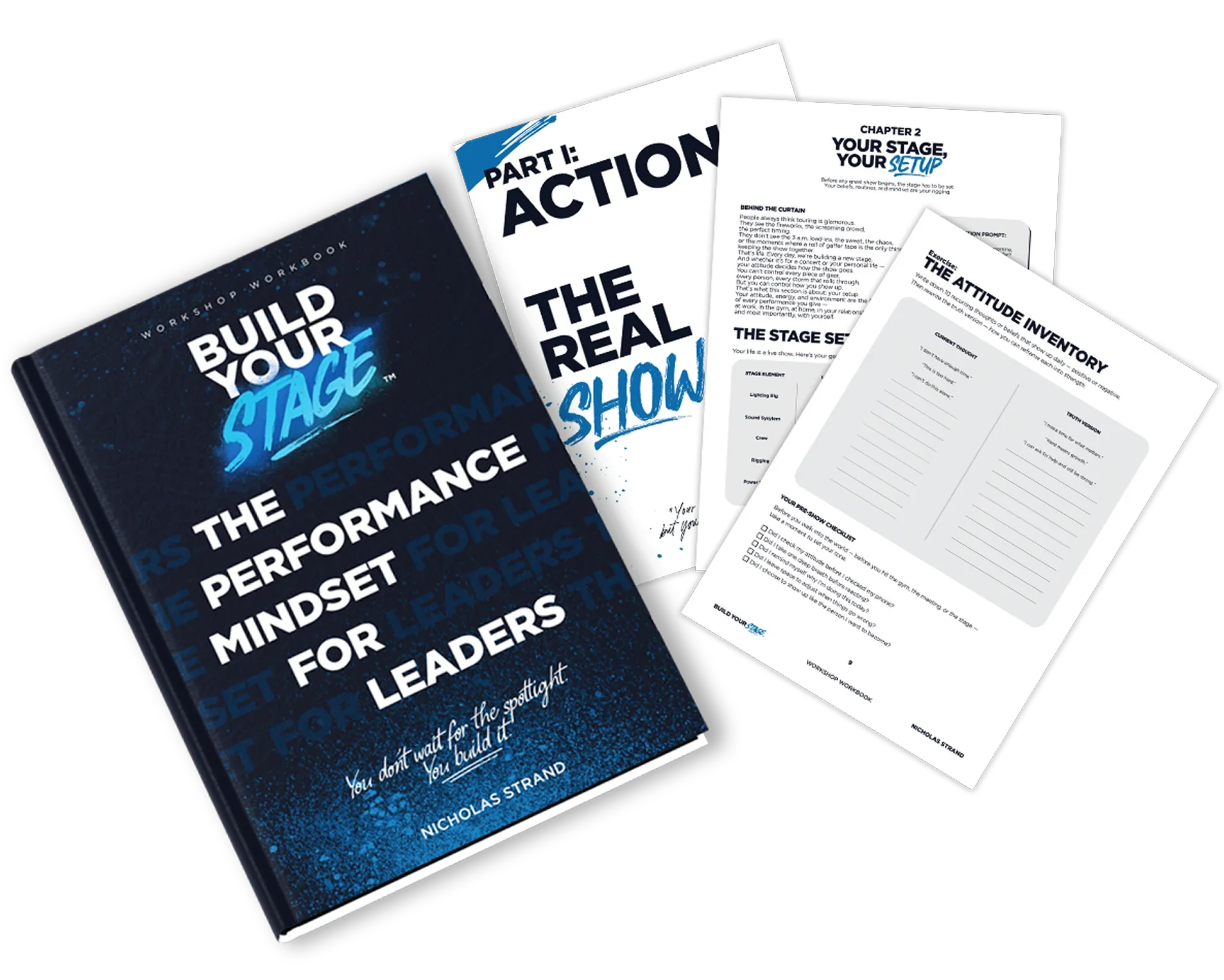 A book titled 'Build Your Stage' alongside several worksheet pages about stage performance and attitude inventory