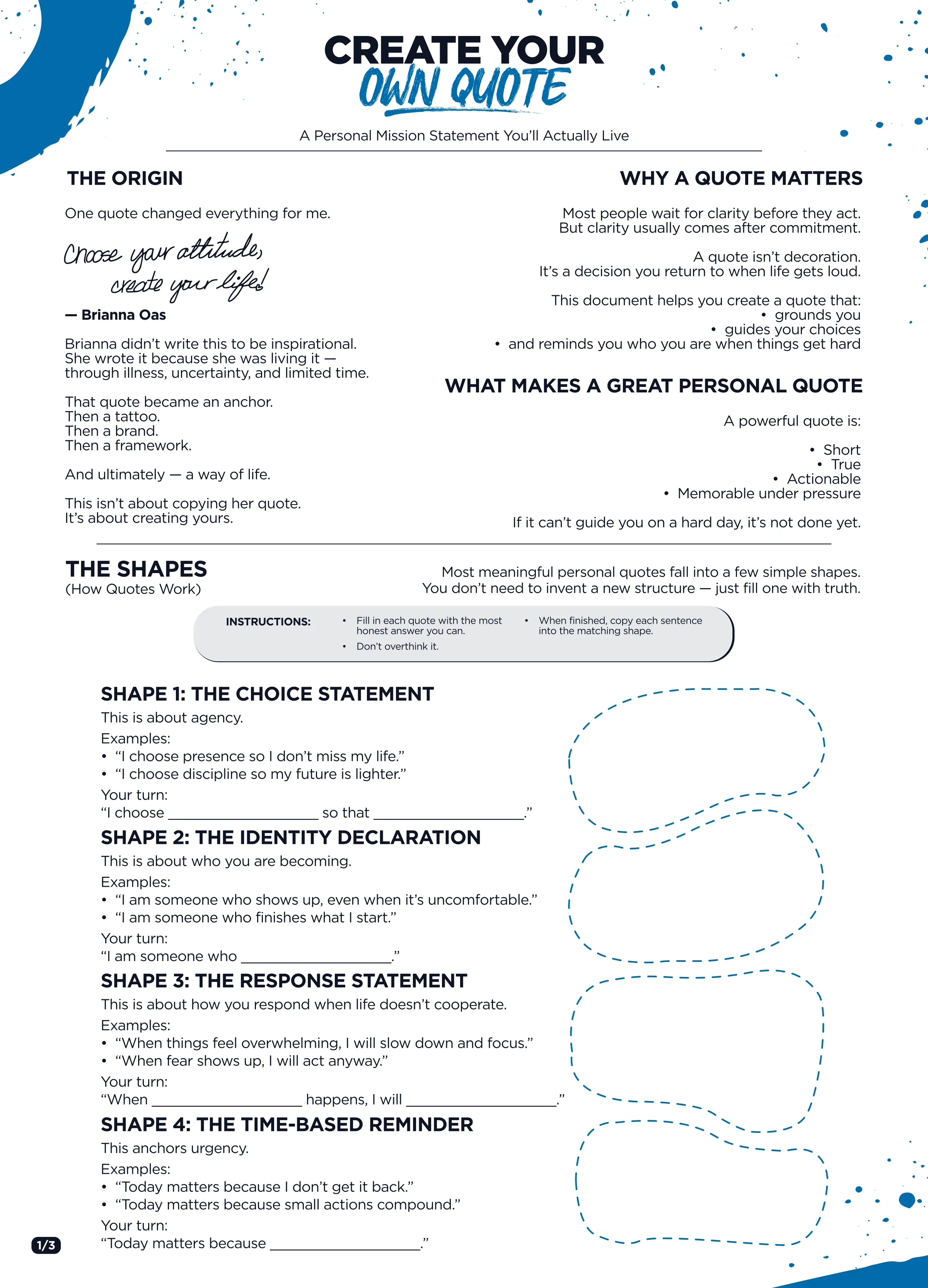 A worksheet titled 'Create Your Own Quote' with instructions and sections for creating personal meaningful quotes, including shapes for writing the quotes and a space for the source.