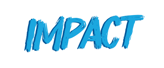 The word 'IMPACT' written in bold blue letters on a white background with a black sketchy border.