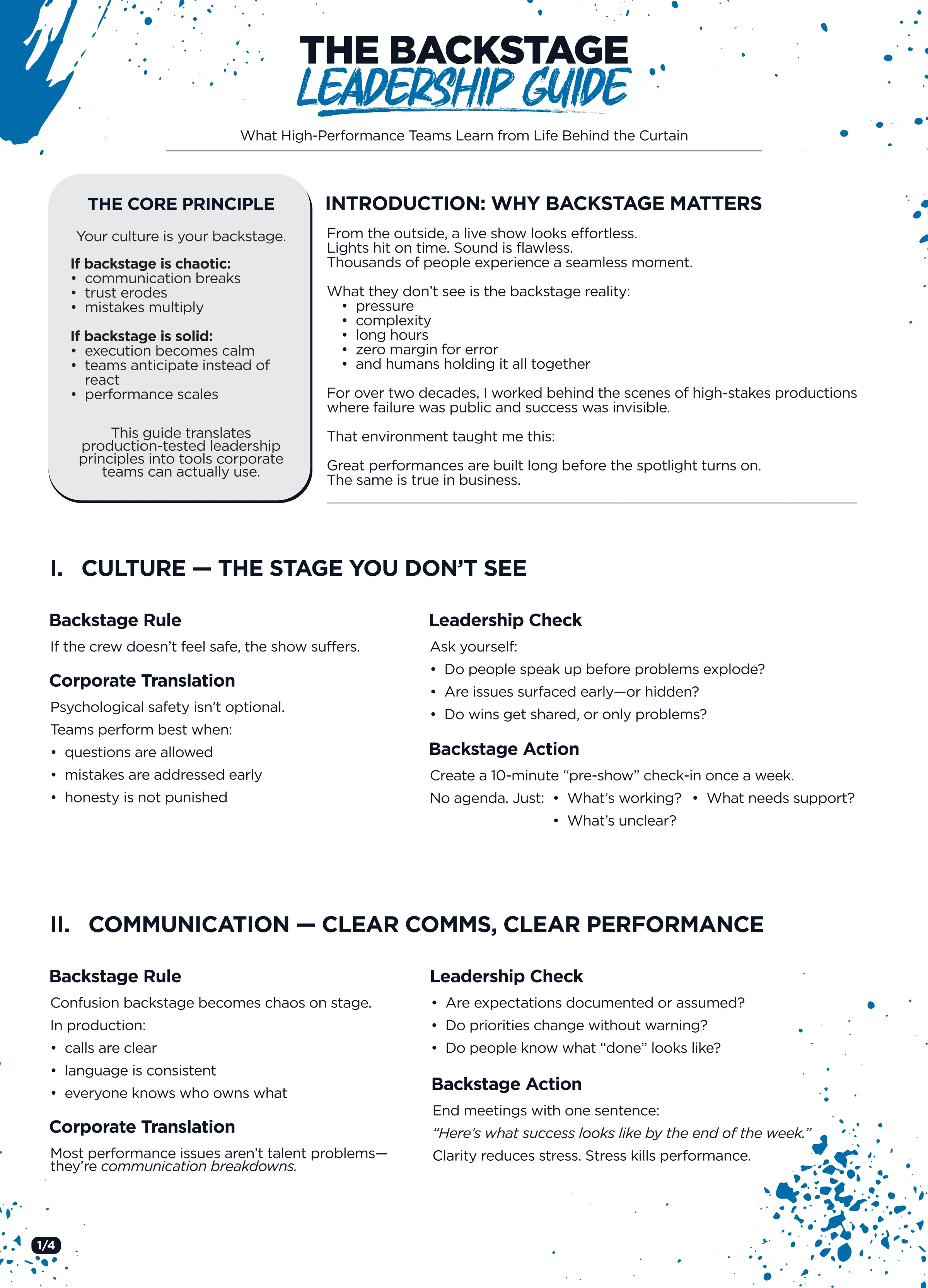 A leadership guide titled 'The Backstage Leadership Guide,' which discusses what high-performance teams learn behind the scenes. It covers core principles, culture, communication, and backstage rules with instructions for leadership checks and backstage actions.
