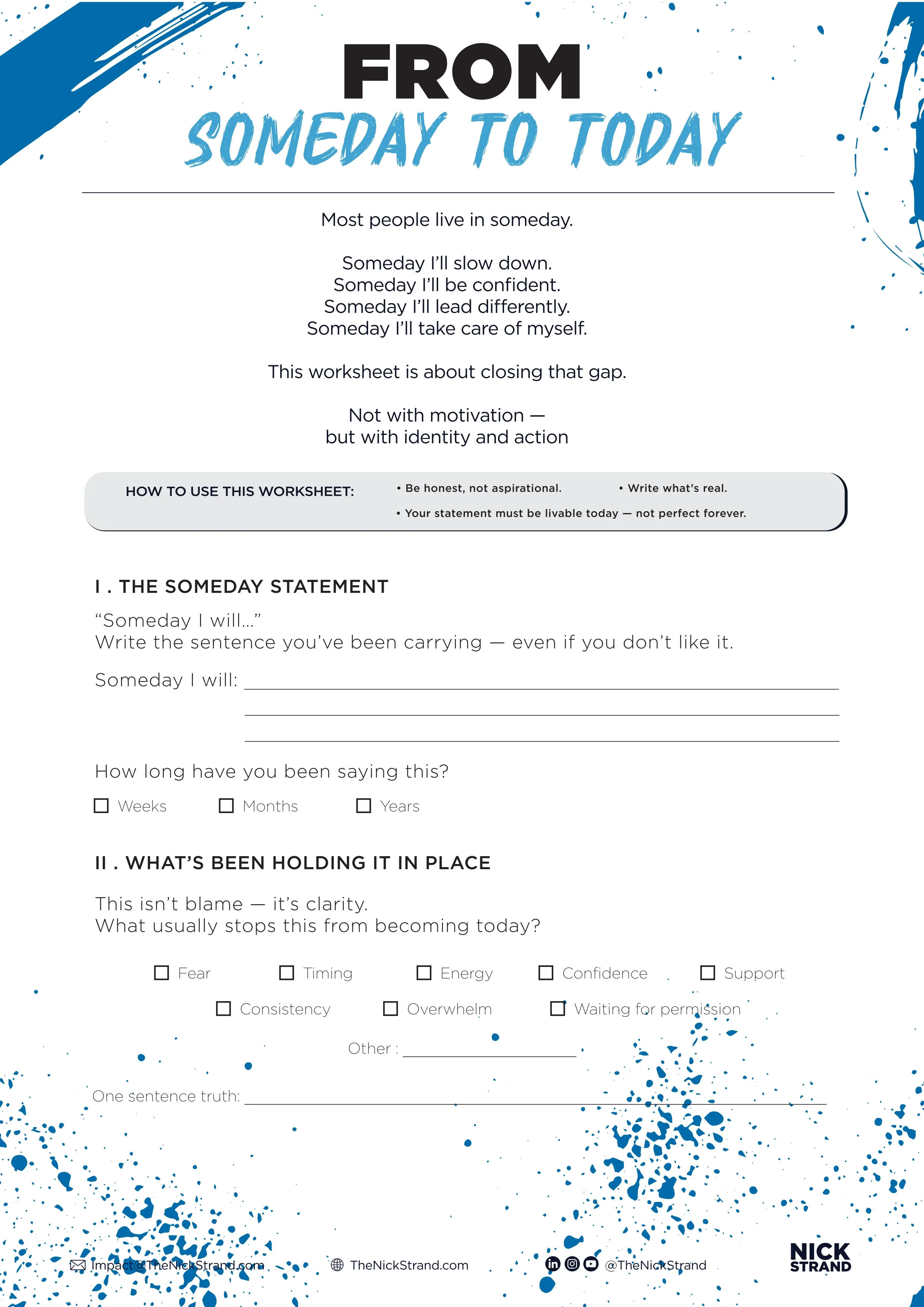 A worksheet titled "From Someday to Today" with instructions and prompts about closing the gap between dreams and actions, including sections for stating intentions and identifying barriers.