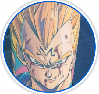 Close-up of a male anime character with spiky blond hair, angry expression, and intense eyes.