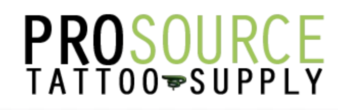 Logo for Pro Source Tattoo Supply with the words PROSOURCE TATTOO SUPPLY in black and green text.