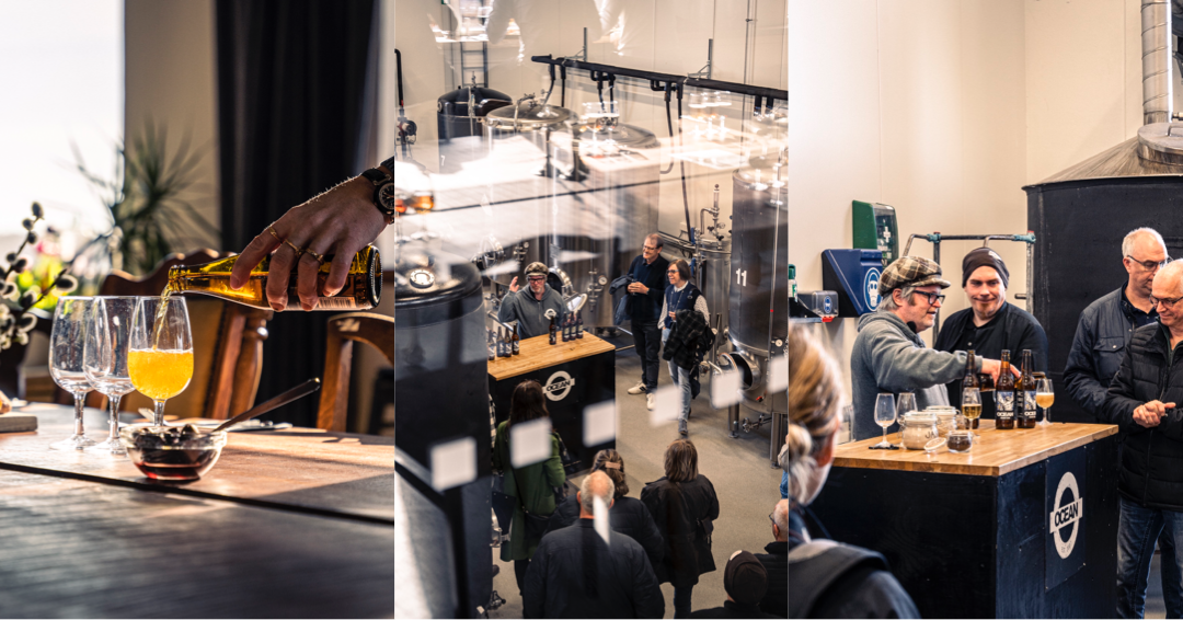 Bild av en ölprovning på ett bryggeri eller bar, med flera personer som provar öl och samtalar.