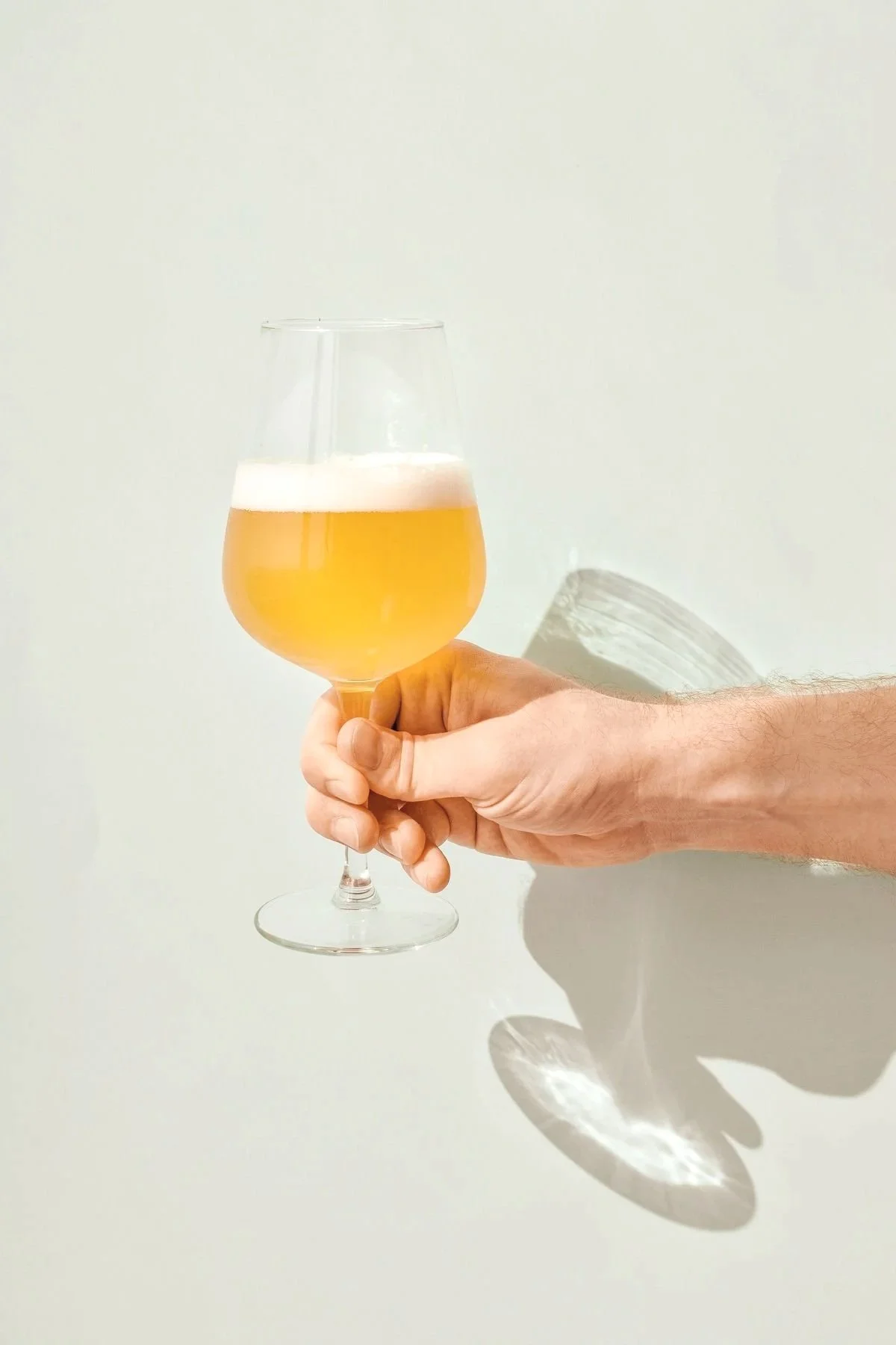 En hand som håller ett glas med hantverksöl mot en ljus bakgrund.