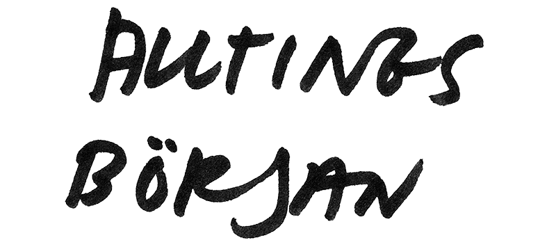 Handwritten text saying 'Alltings början" on a black background.