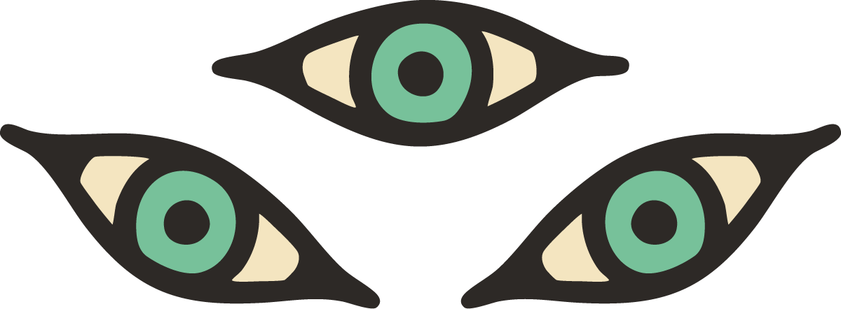 Three stylized eyes with green irises and black pupils, arranged in a triangular formation against a black background.