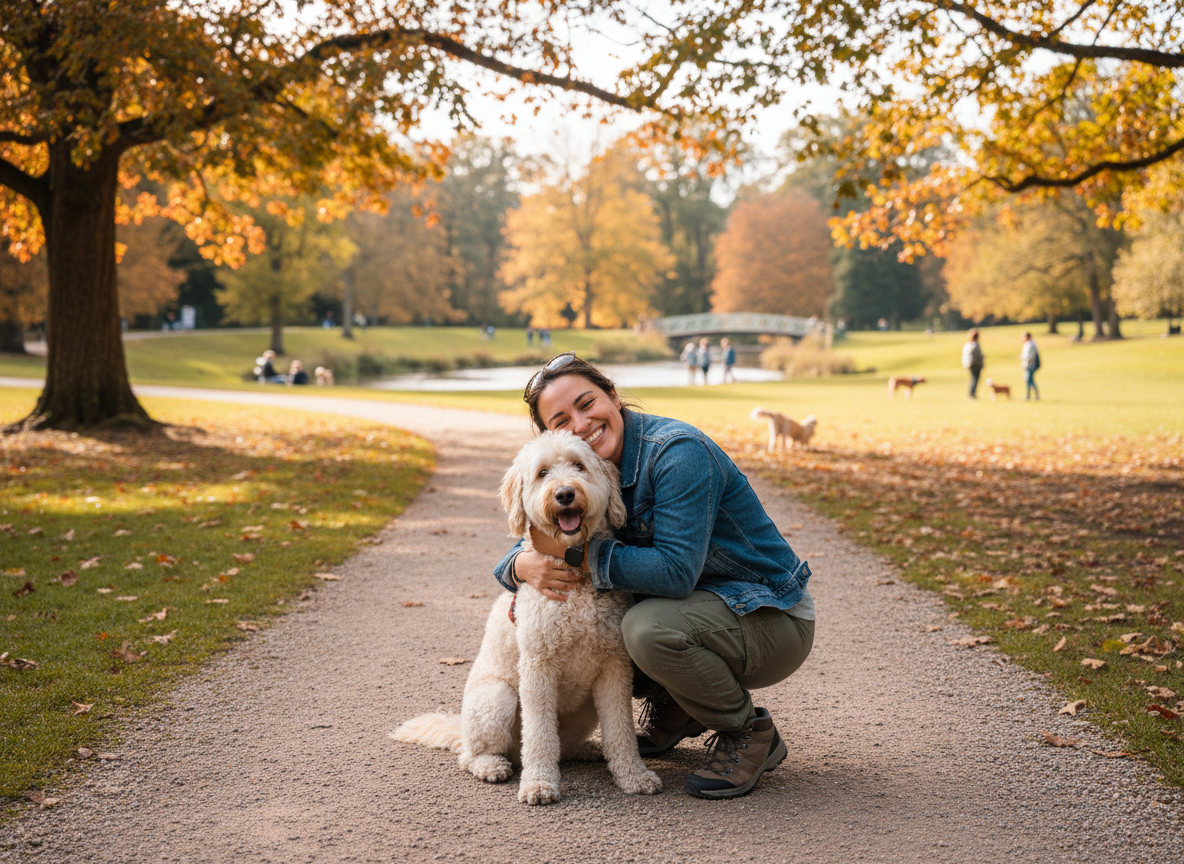 A woman smiling and hugging her large, fluffy dog in a park with autumn leaves and trees.