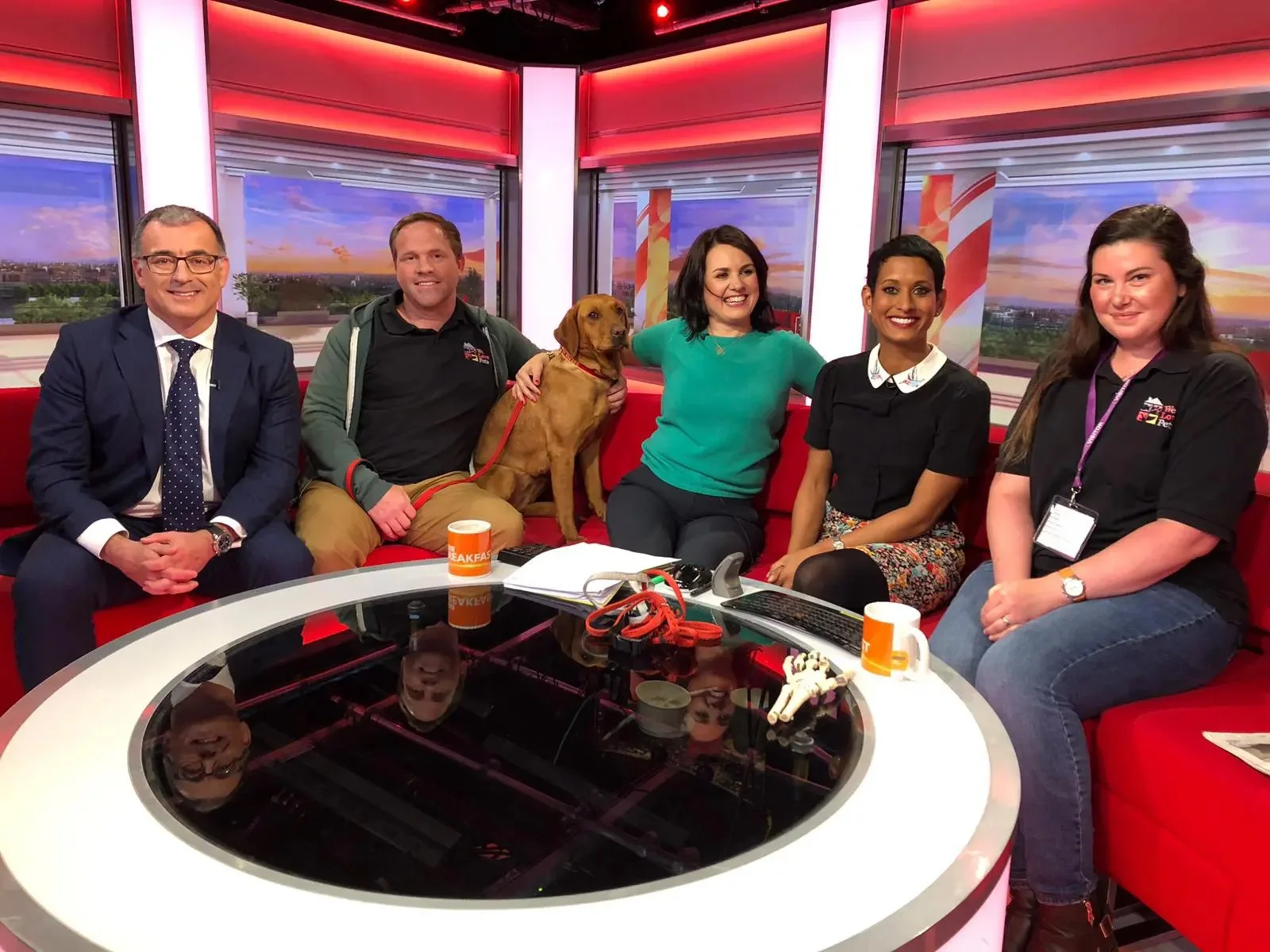 Group of six people sitting on a red couch in a TV studio with a window view of the sky at sunset. One person holds a guide dog. Items on the table include mugs, a notebook, and a skeleton hand.