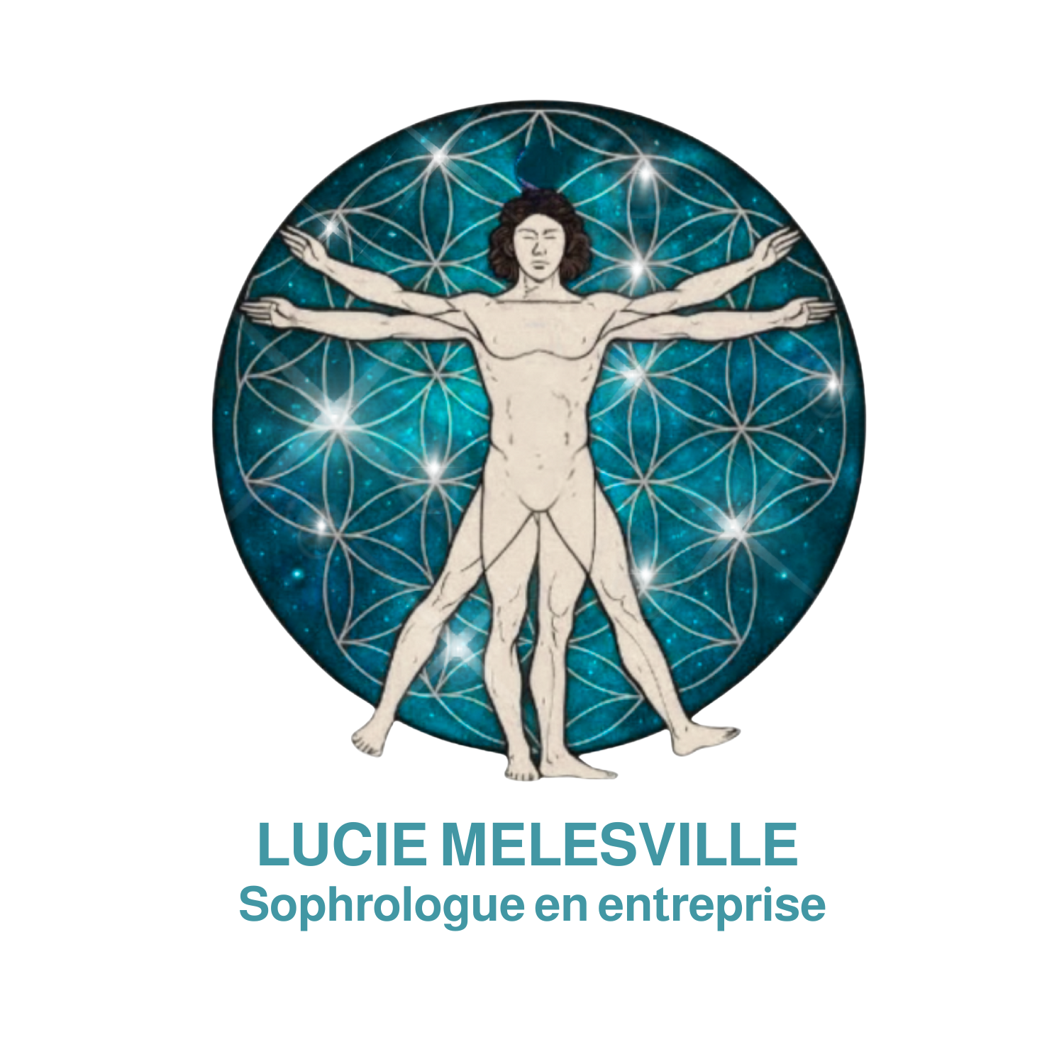 Le logo représente un dessin d'un homme vêtu de blanc, connu comme Vitruve de Leonardo da Vinci, avec plusieurs bras et jambes, derrière un fond d'une sphère bleue ornée de motifs géométriques et de lumières éblouissantes.