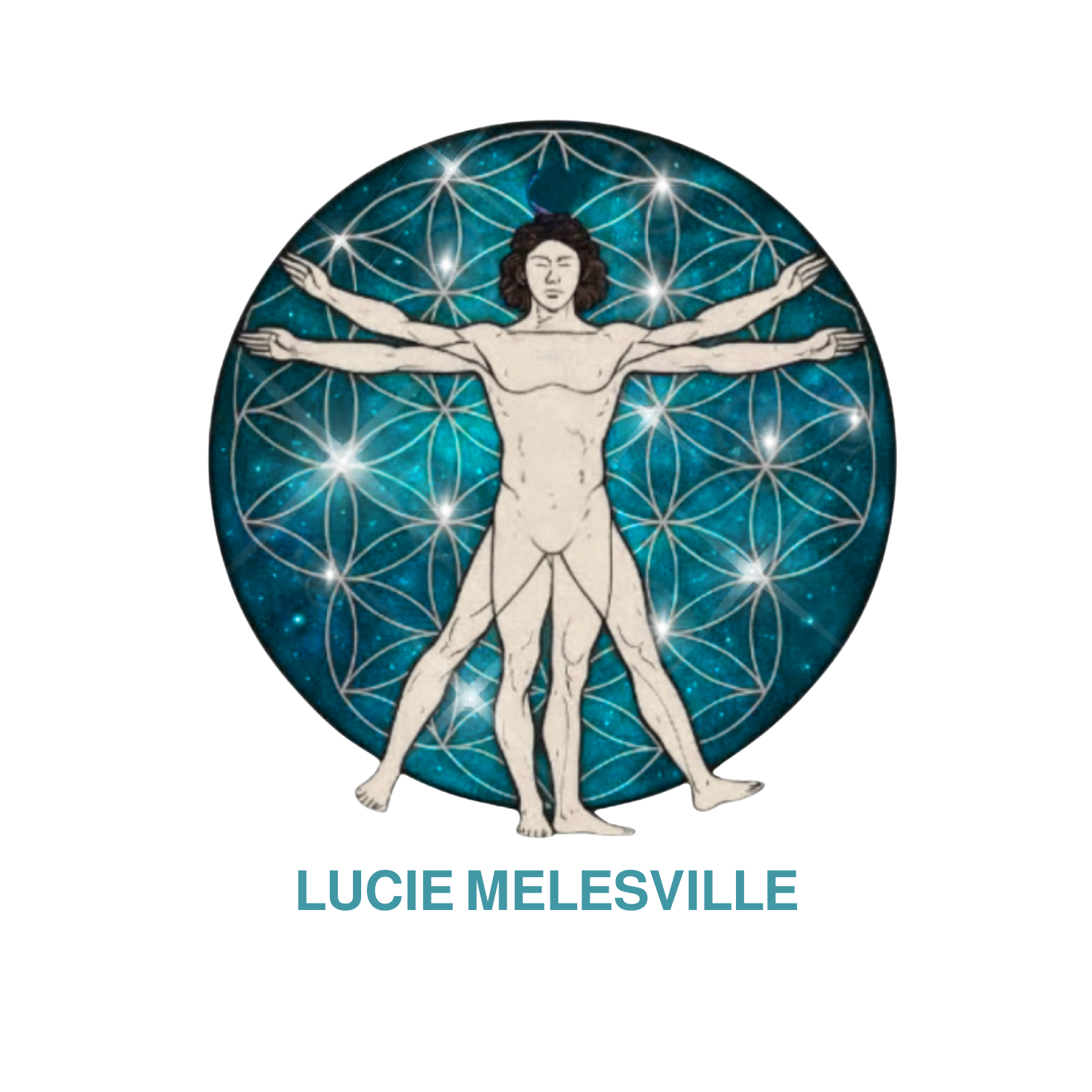 Une illustration d'un homme nu avec plusieurs bras, posé devant un fond de géométrie sacrée et d'étoiles, symbolisant une représentation spirituelle ou ésotérique.