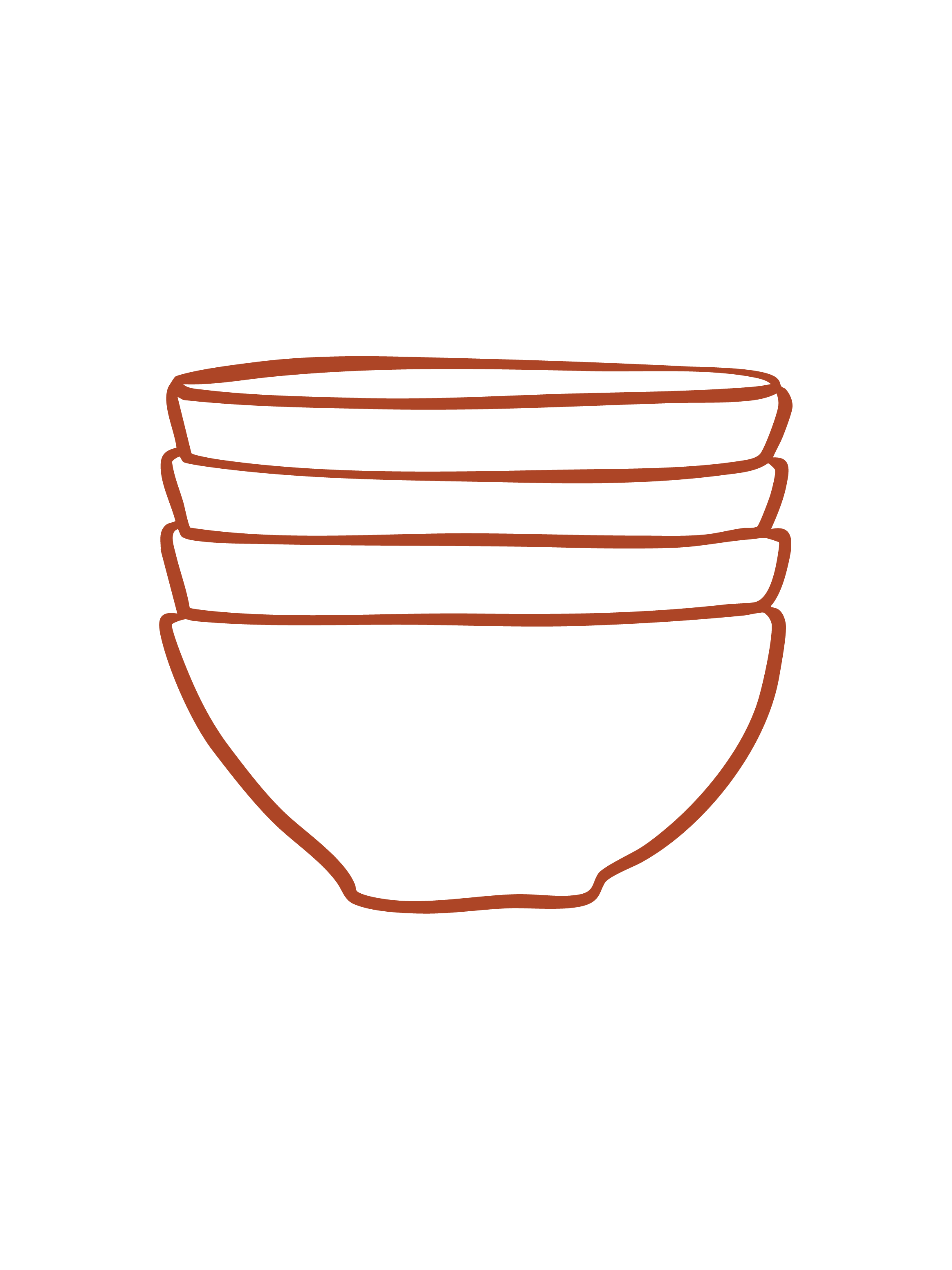Outline drawing of a stack of four bowls, each a different size, in a line.