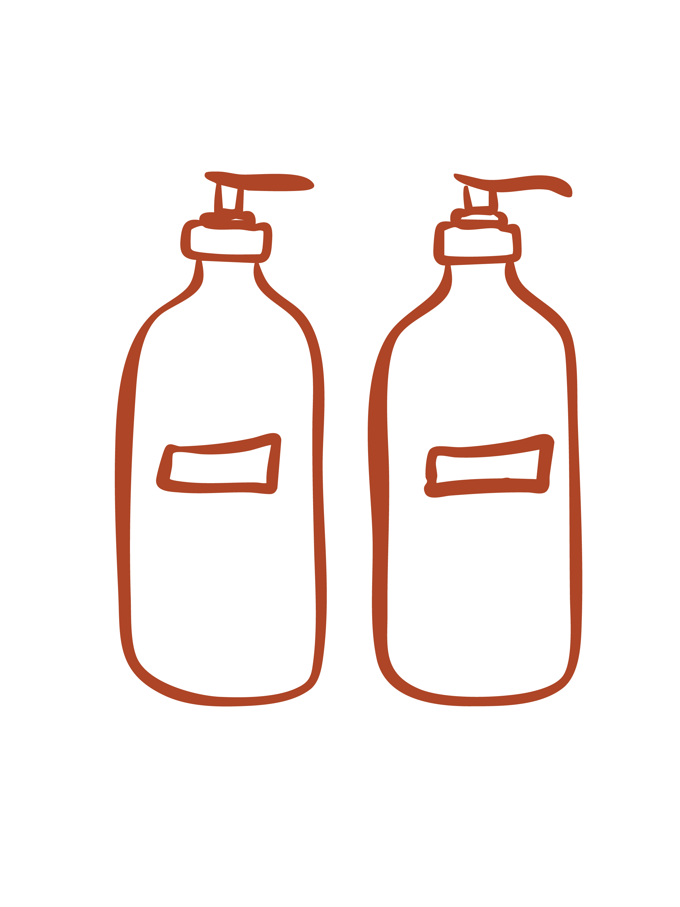 Outline drawing of two brown soap dispensers against a black background.