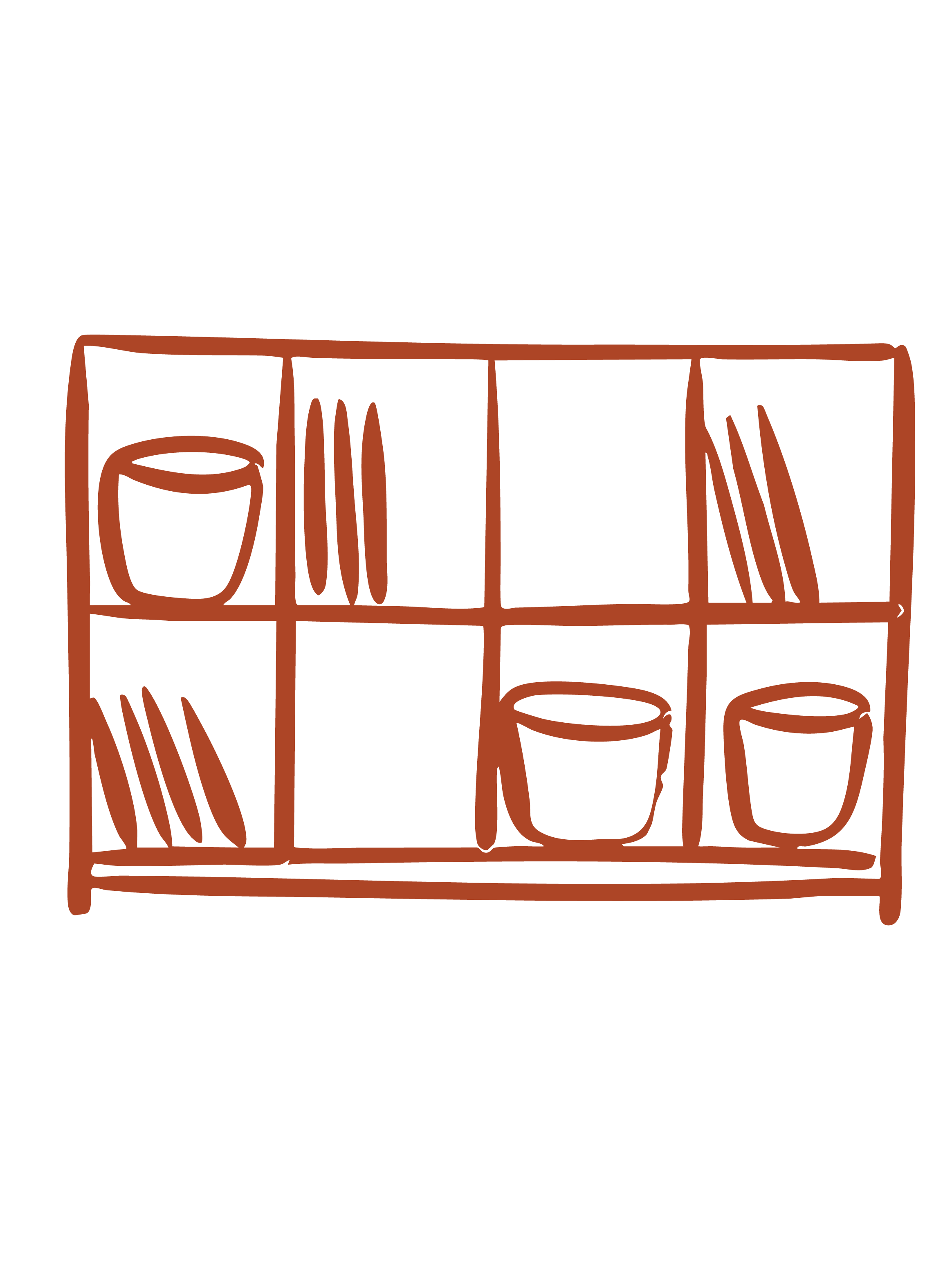 A simple brown line drawing of a bookshelf with four shelves, containing bowls, plates, and other dishware.