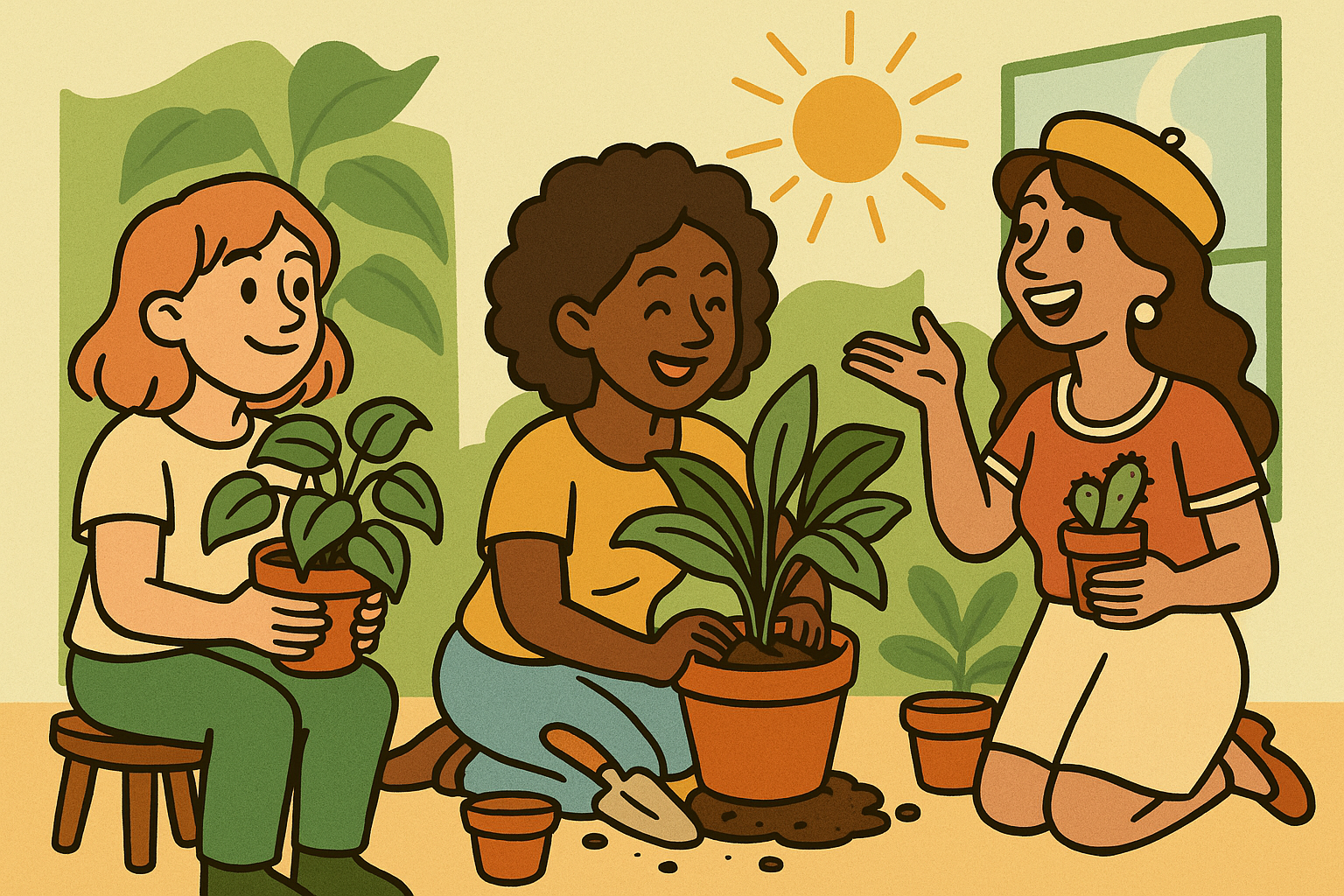 Three women planting and discussing houseplants indoors with sunlight coming through the window.