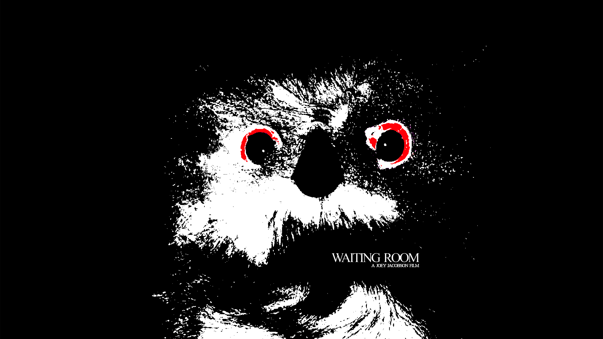 Close-up of a owl face with digital art style, emphasizing red eyes and monochromatic black and white fur, with text "Waiting Room, A Joey Jacobson Film" at the bottom right.