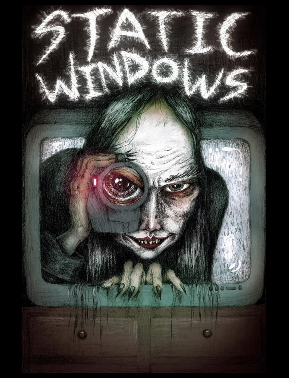 A creepy illustration of a zombie-like person with green hair and sharp claws, looking through a portal, with the words "Static Windows" in spooky font at the top.