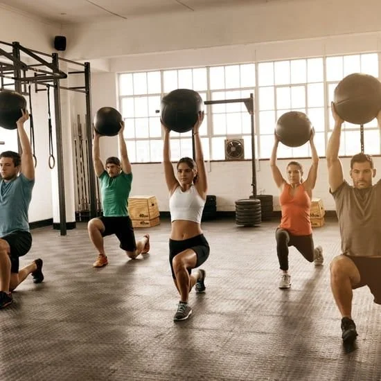 Groupe de cinq personnes en séance de musculation avec des ballons médicinaux dans une salle de sport