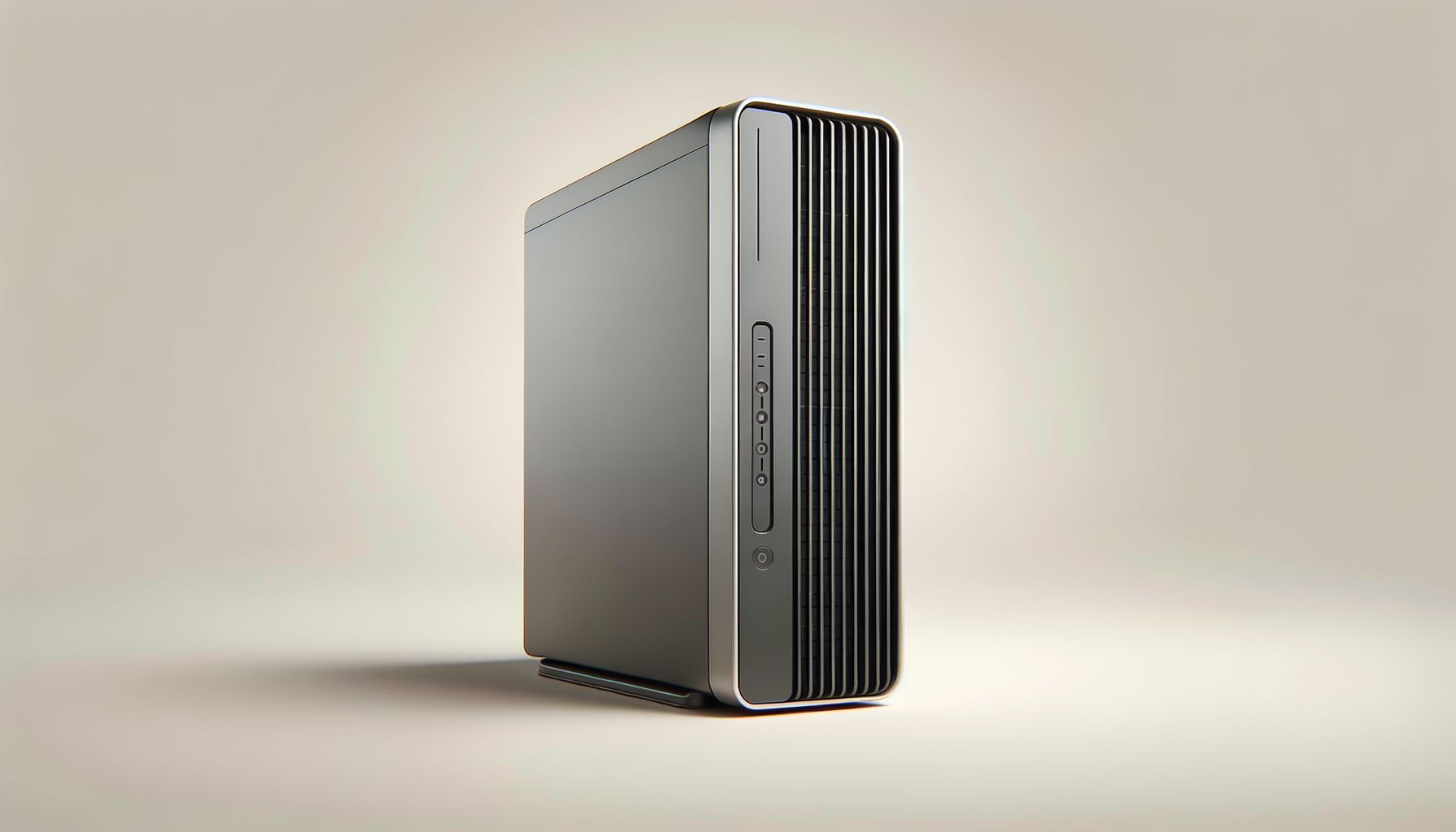 A modern desktop computer tower with a sleek silver and black design, featuring front panel ports and ventilation slots.
