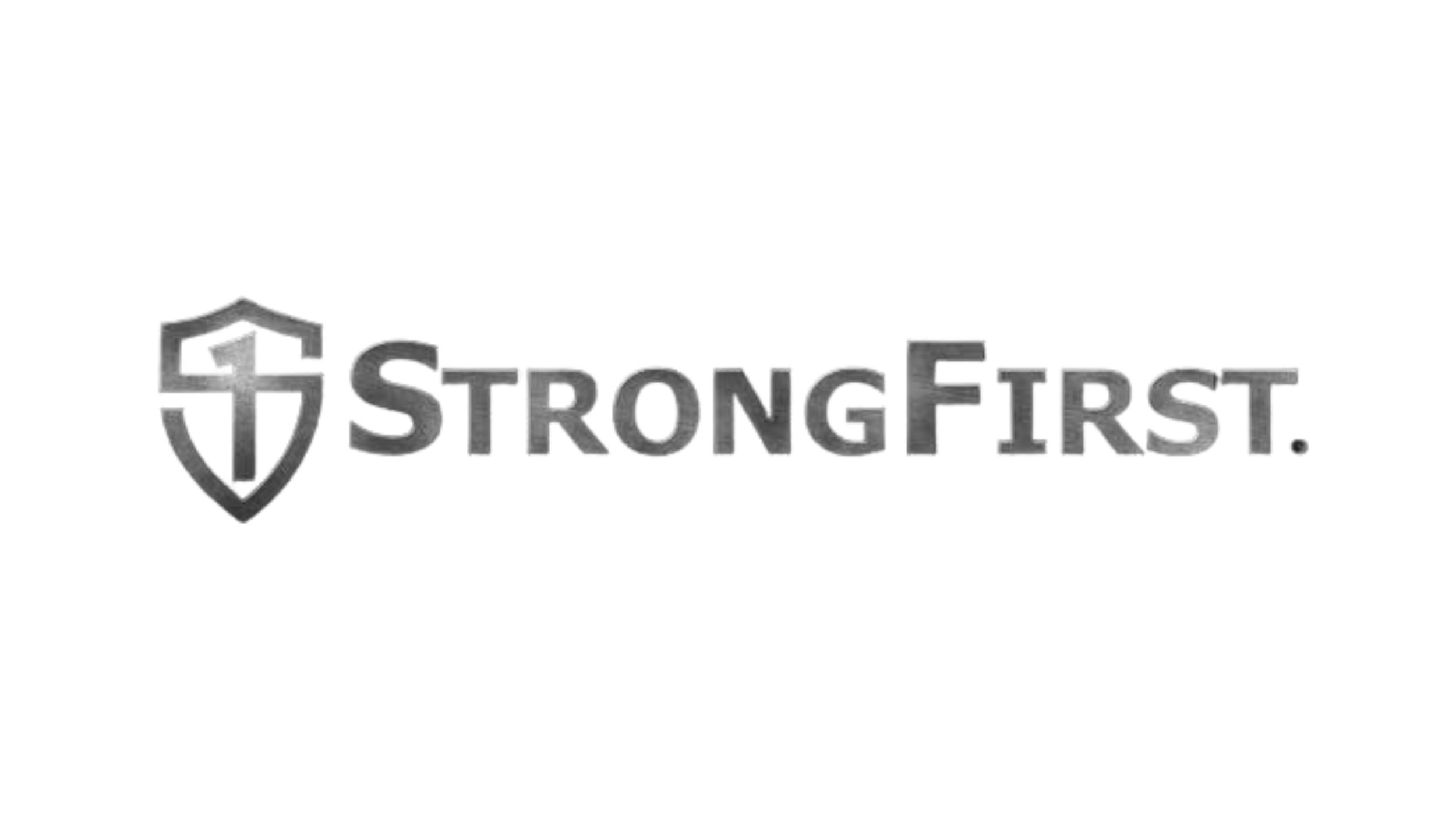 A logo with a shield symbol and the words 'Strong First' in metallic gray lettering.