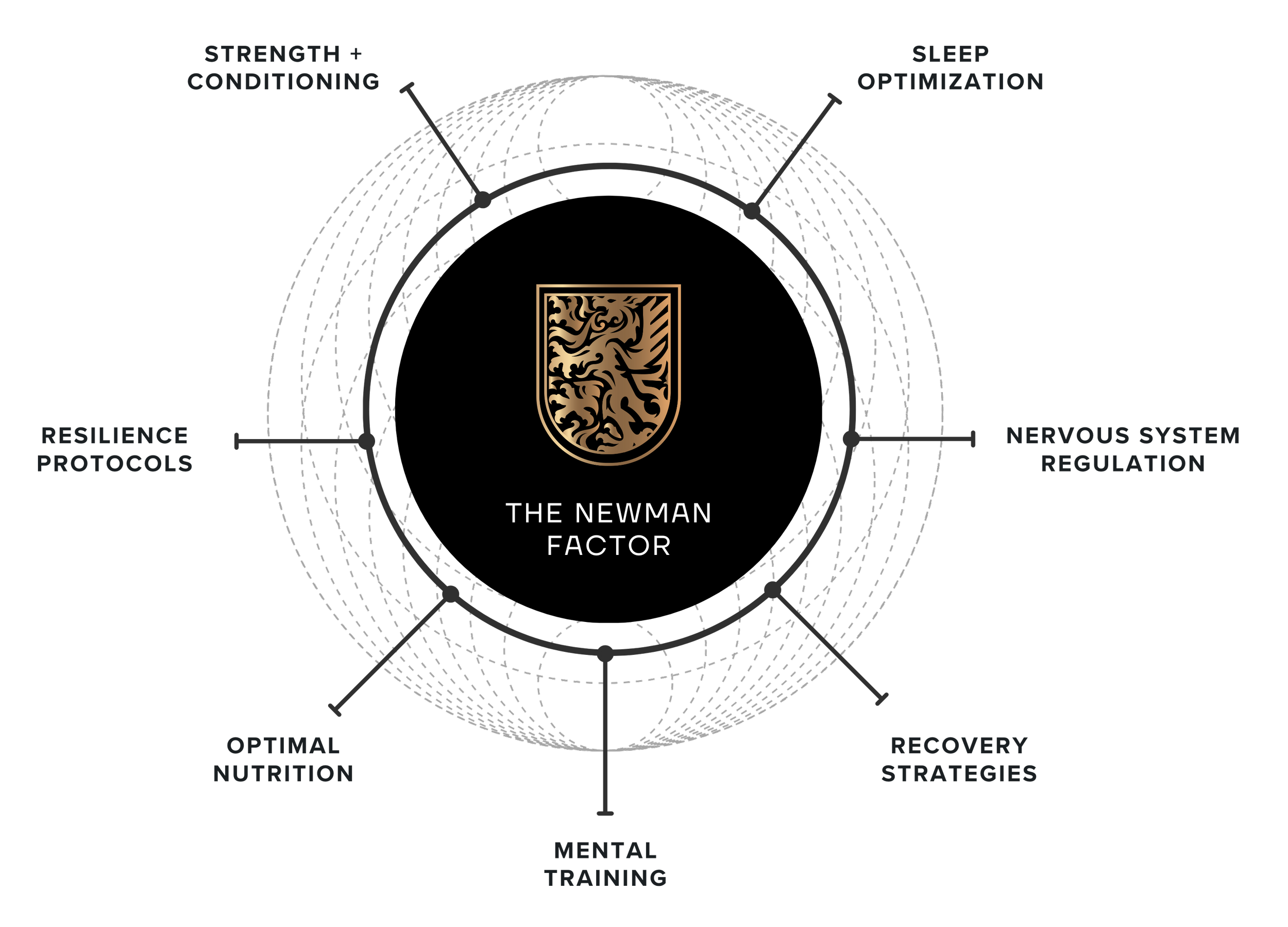 Diagram titled 'The Newman Factor' with a shield logo featuring a lion and surrounding text and labels highlighting various health and fitness principles, such as 'Strength + Conditioning,' 'Sleep Optimization,' 'Resilience Protocols,' 'Nervous System Regulation,' 'Optimal Nutrition,' 'Mental Training,' and 'Recovery Strategies.'