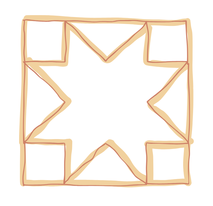 A hand drawn quilt design with a square border, featuring a layered design with smaller squares and triangles inside.