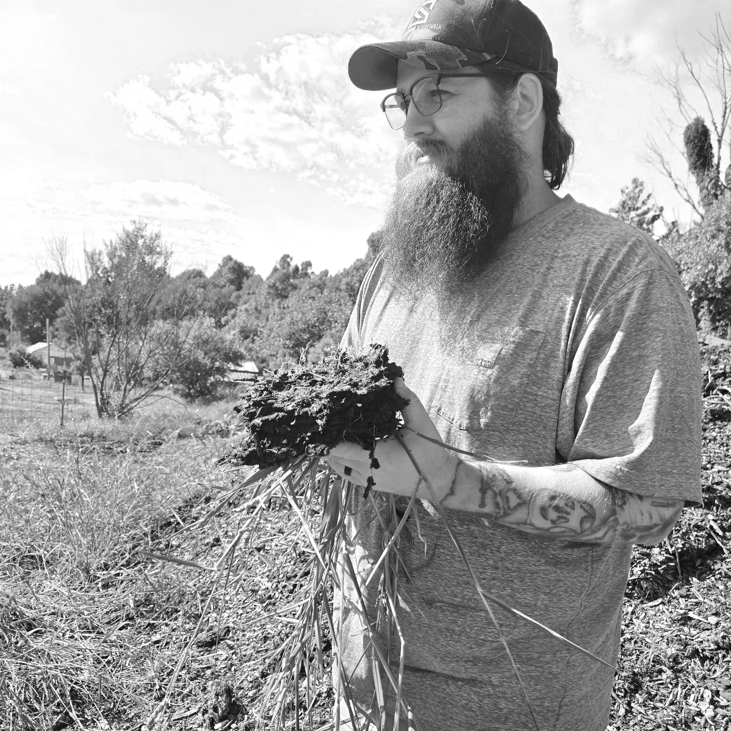 A man with glasses and a beard wearing a baseball cap and T-shirt, holding a large bundle of dried plants outdoors with trees and a partly cloudy sky in the background.