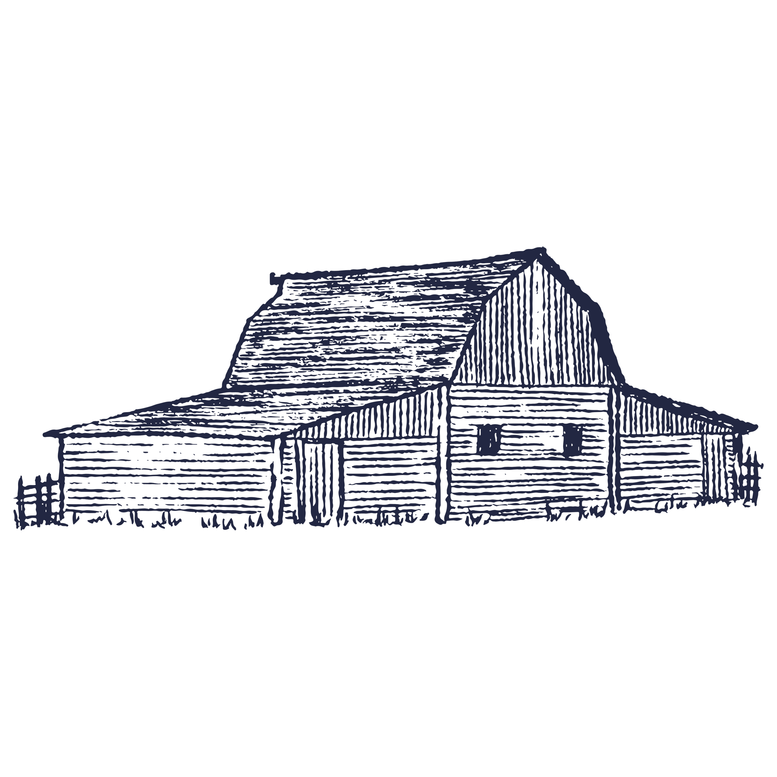Ridgeline Blue outline drawing of a large, historic wooden barn with transparent background