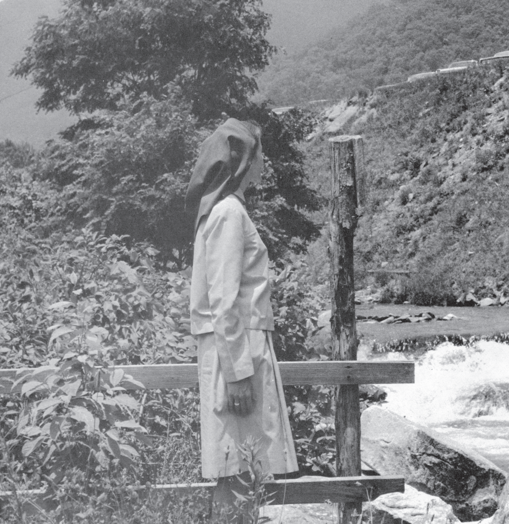 A person dressed in a traditional garment, standing outdoors near a wooden railing, with trees and a hillside in the background.