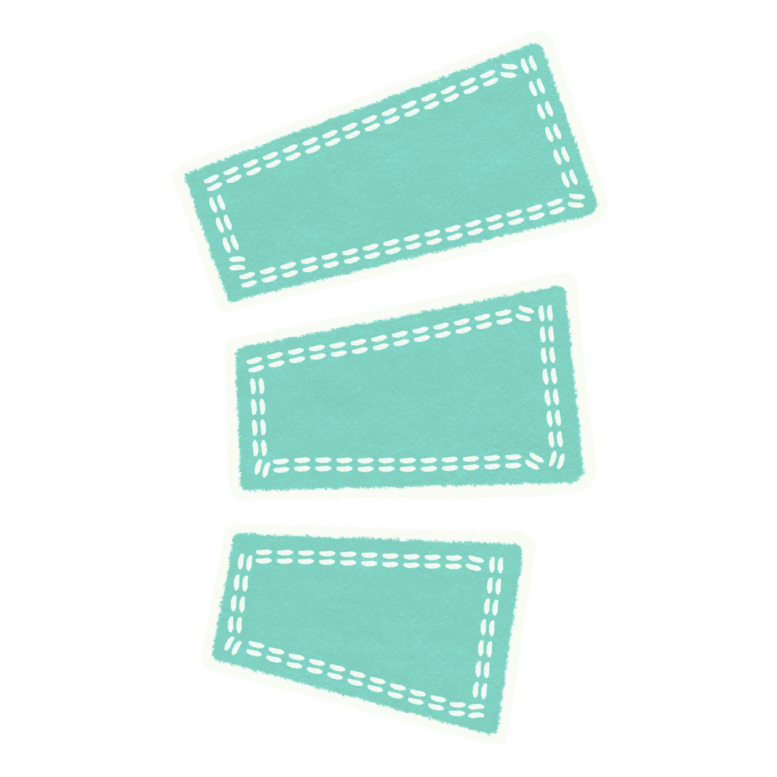 A digital illustration of a teal-colored rectangular fabric patch with white dashed borders and lines, lying at an angle.