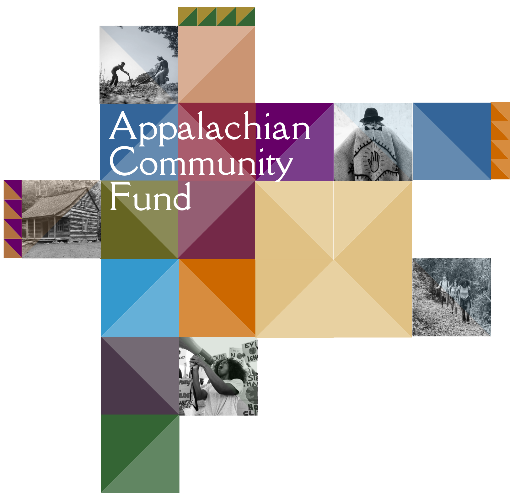 Colorful collage background with black and white photographs of people and nature. Prominent text reading 'Appalachian Community Fund'.