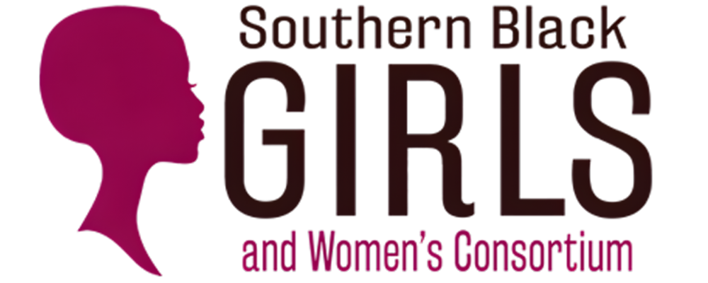Logo for an organization. Silhouette of a girl in pink on the left, with the words "Southern Black Girls and Women's Consortium" in bold text next to her on a black background.