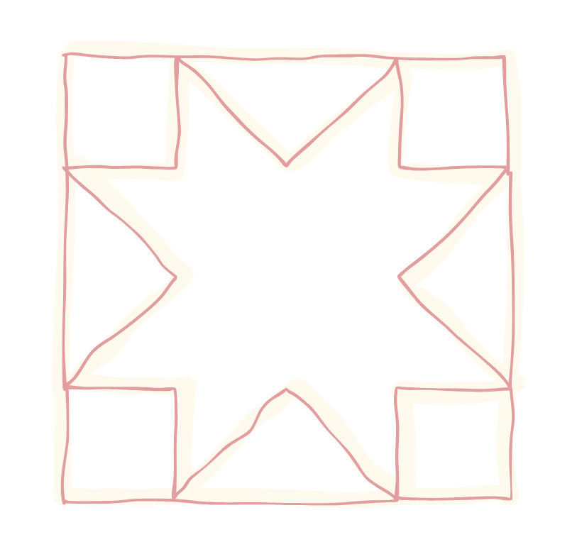 A geometric illustrated quilt pattern enclosed within a square frame.