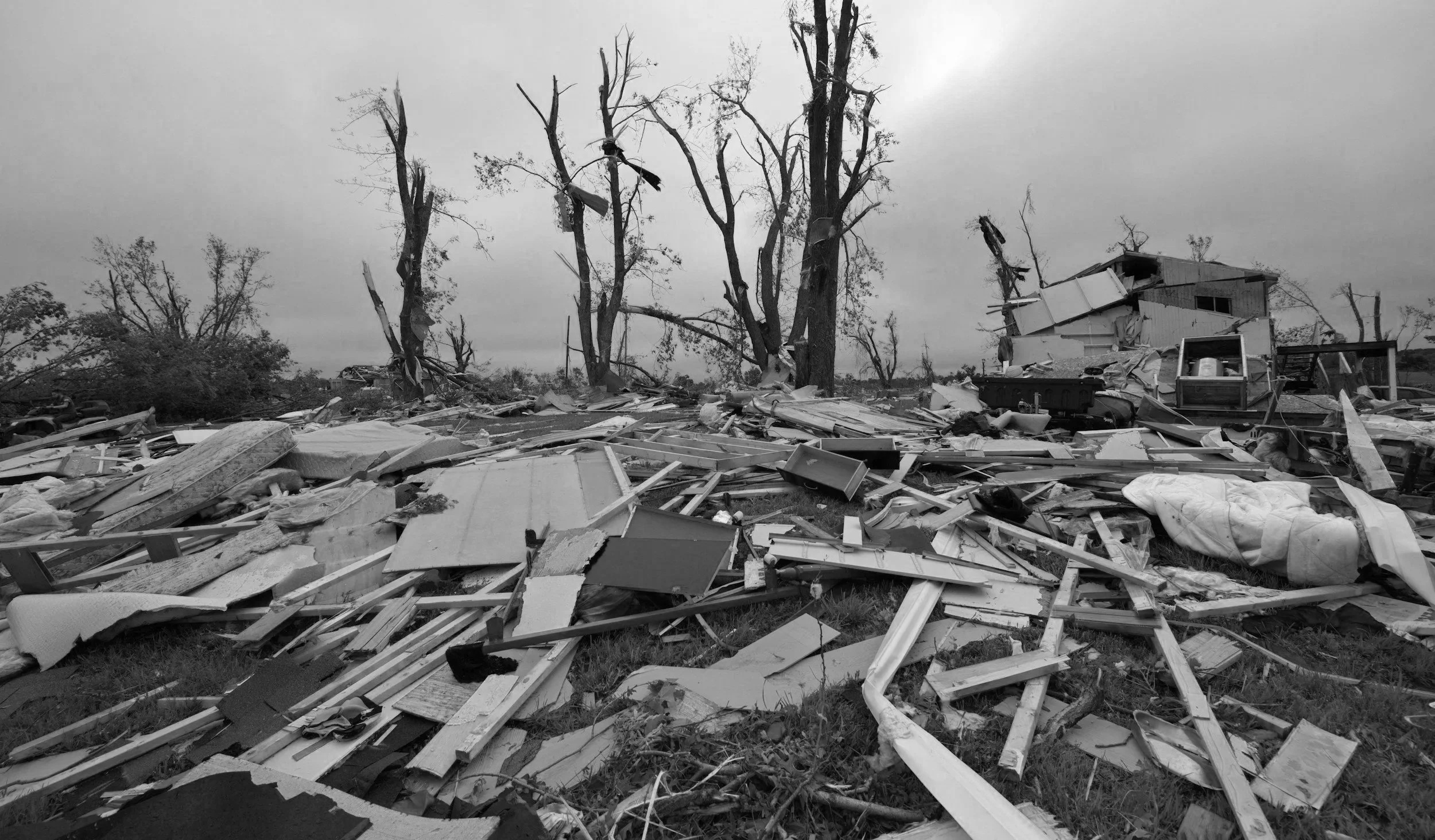 Debris and wreckage from a destroyed building with fallen trees and overcast sky.