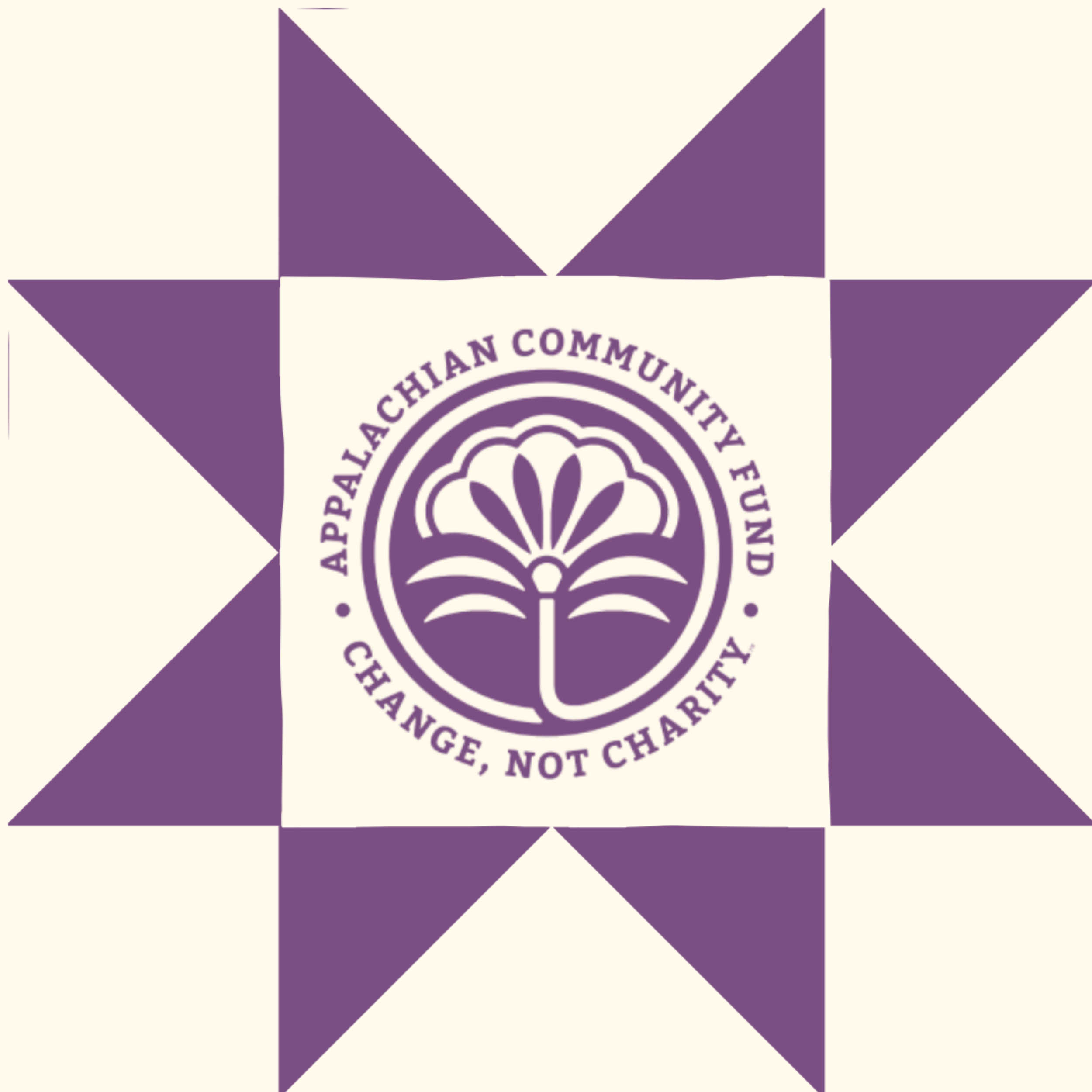 An Ironweed and Community Bulletin quilt pattern with the Appalachian Community Fund logo in the center. The logo features a stylized ironweed flower.