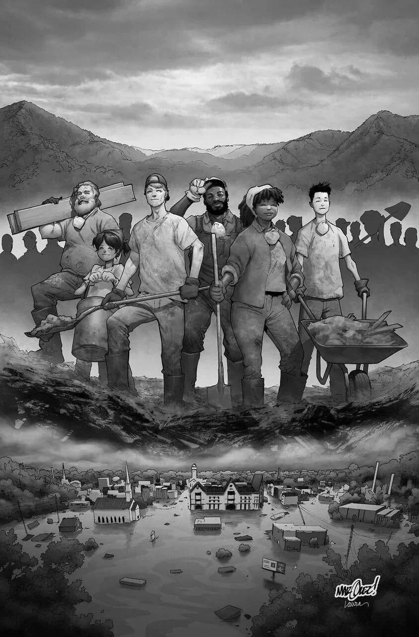 Black and white illustration of diverse people, including children and adults, working together to rebuild a town after a flood. The background features mountains and a cloudy sky.