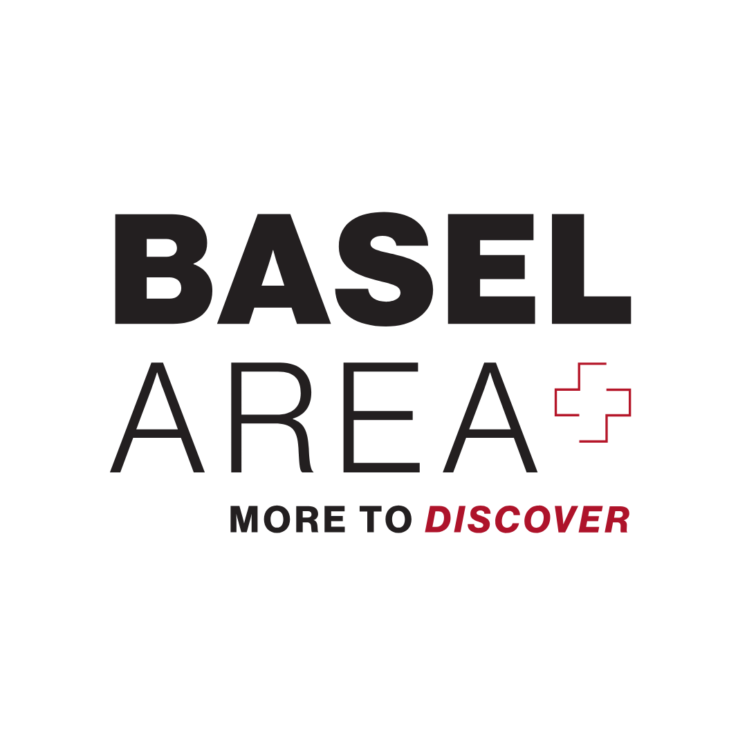 Logo with the words "Basel Area" and 'More to Discover' on a black background, featuring a red Cross symbol.