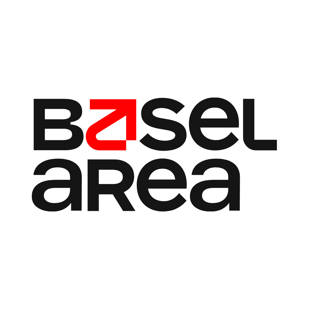 Logo of Basel Area in black with a red arrow representing the a in Basel.