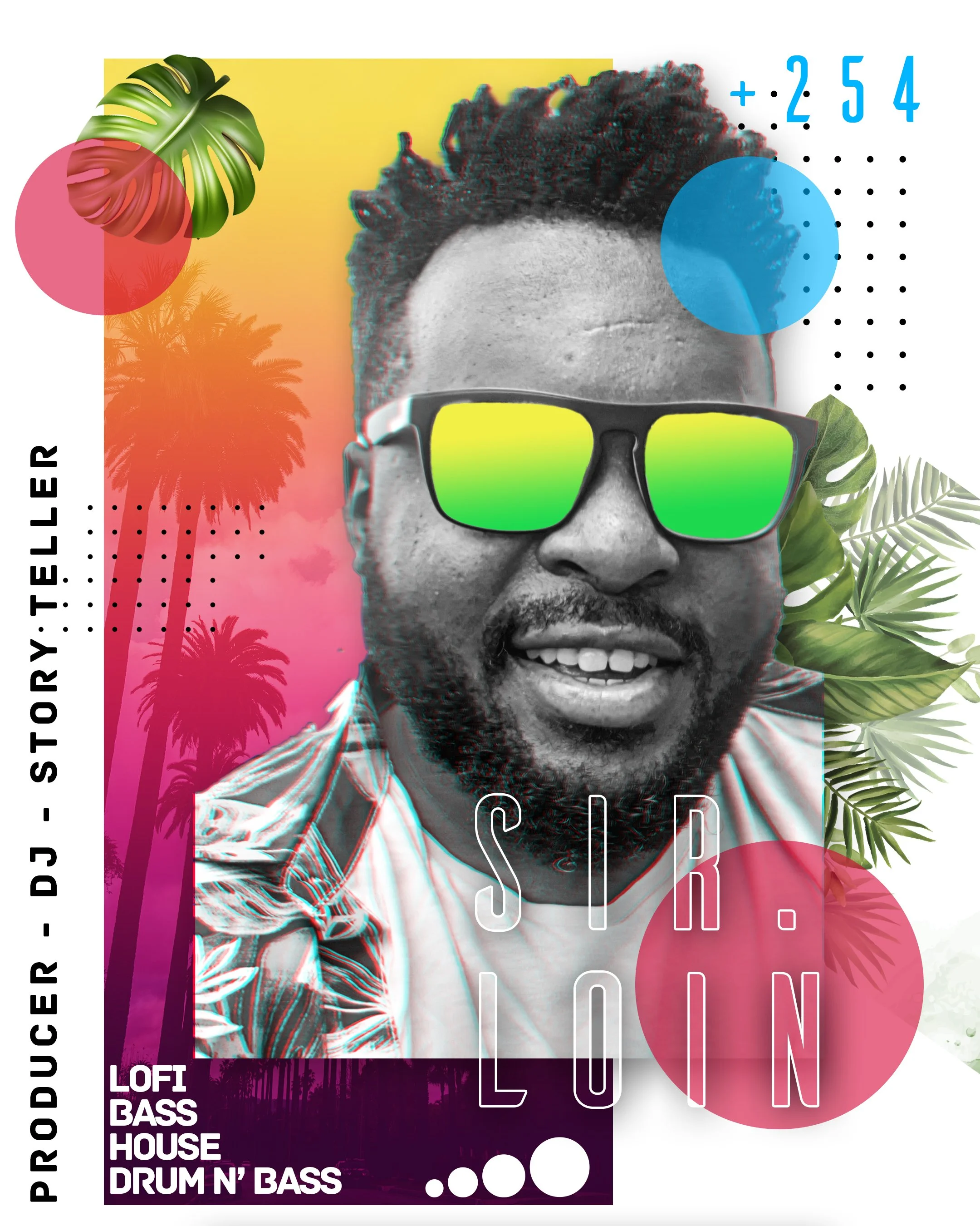 Promotional poster featuring a smiling man with glasses with green reflective lenses, tropical leaves, pink and yellow gradient background, palm trees silhouette, and text promoting music genres and producer DJ Story Teller.