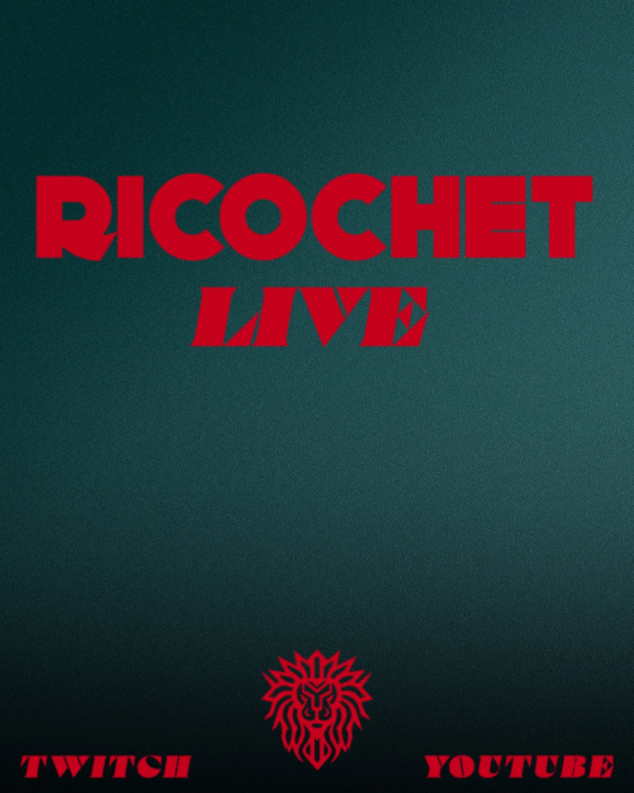 Red text reading 'RICOCHET LIVE' on a dark green background, with a lion's head logo beneath and the words 'TWITTER' and 'YOUTUBE' on either side.