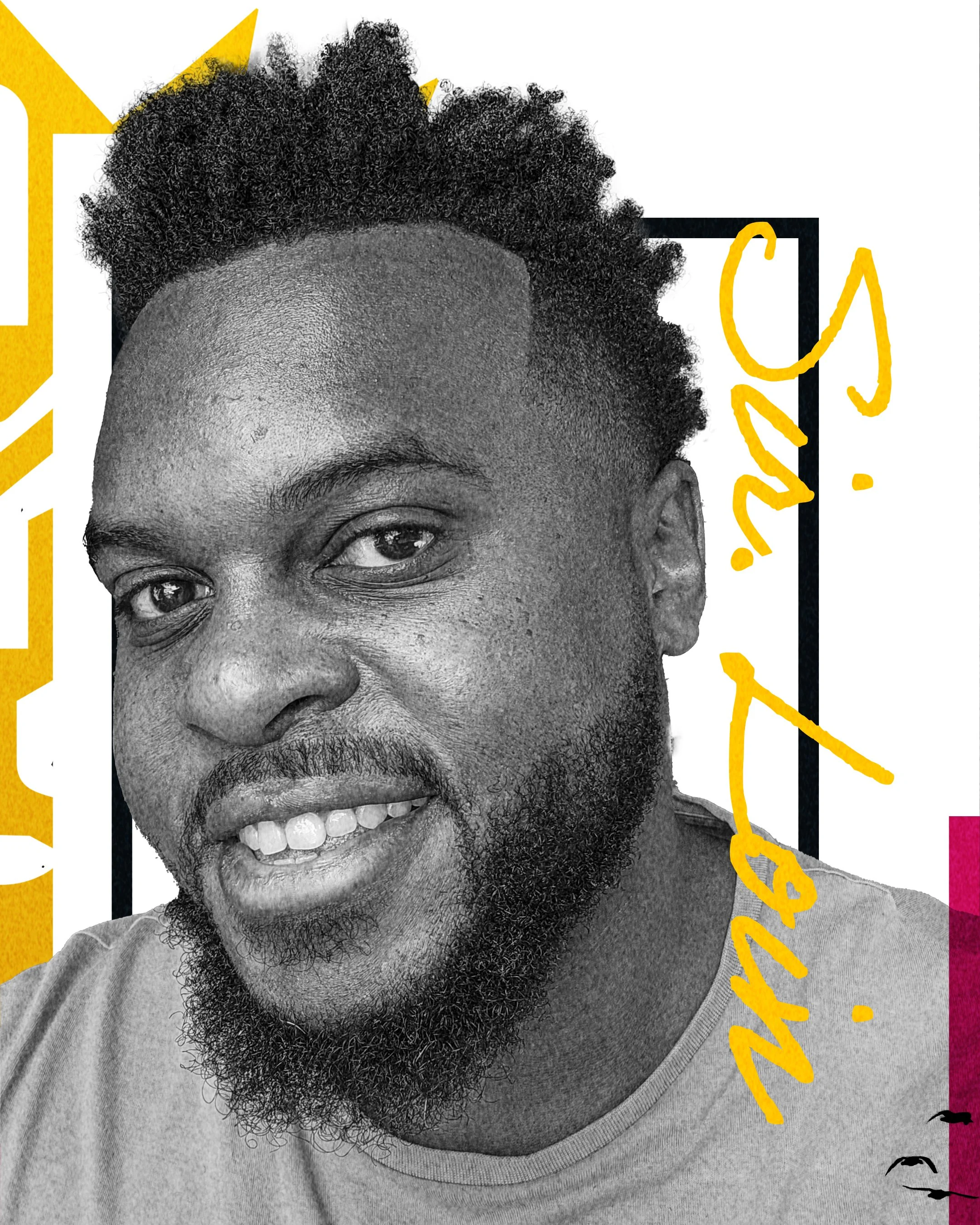 A close-up portrait of a smiling Black man with short curly hair and a beard, with artistic colorful text and design elements around him.