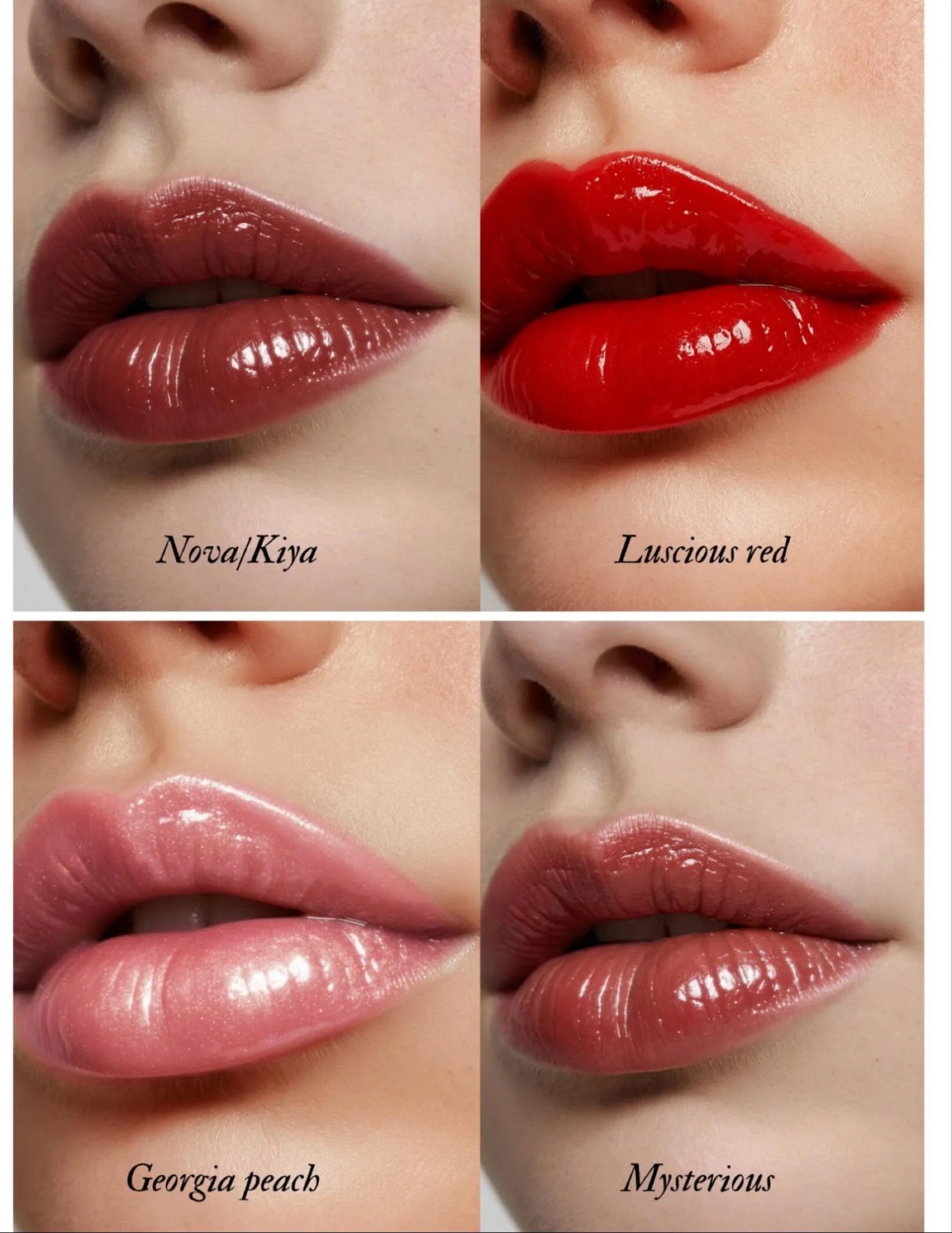 Presenting the different colors and shades of our lip glosses &mdash; ready for you to shop your favorite. Visit our website to explore them all.