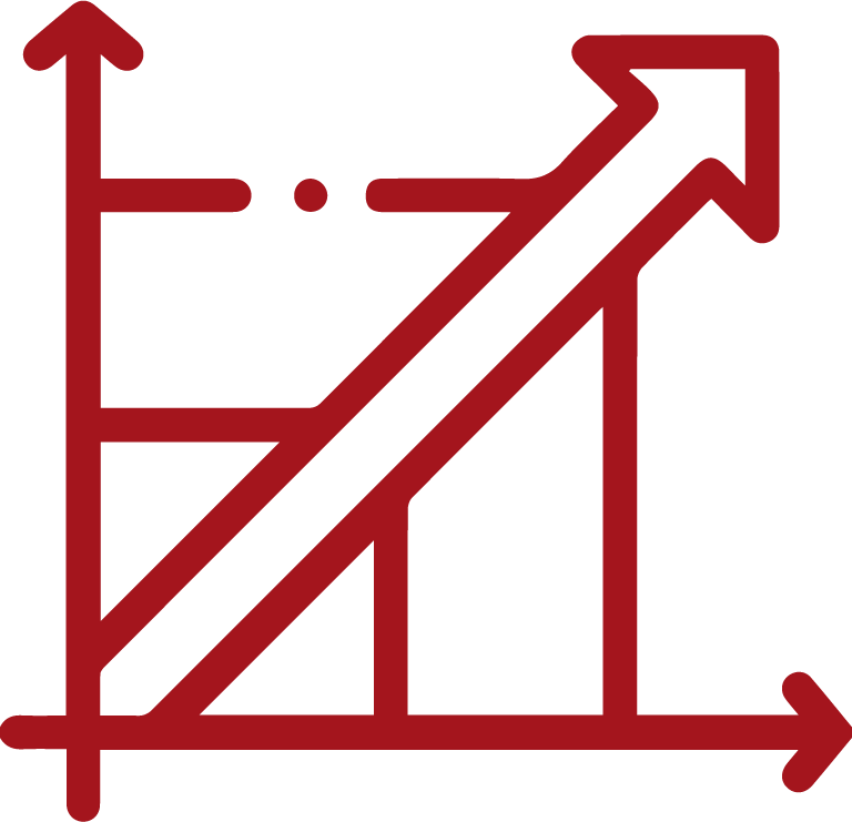 A red line graph with an upward trending arrow, bar chart elements in the background, representing growth or increase.