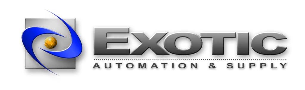 The logo for Exotic Automation & Supply features a stylized blue and black swirl with a golden sphere in the center, alongside the company name in metallic gray text.